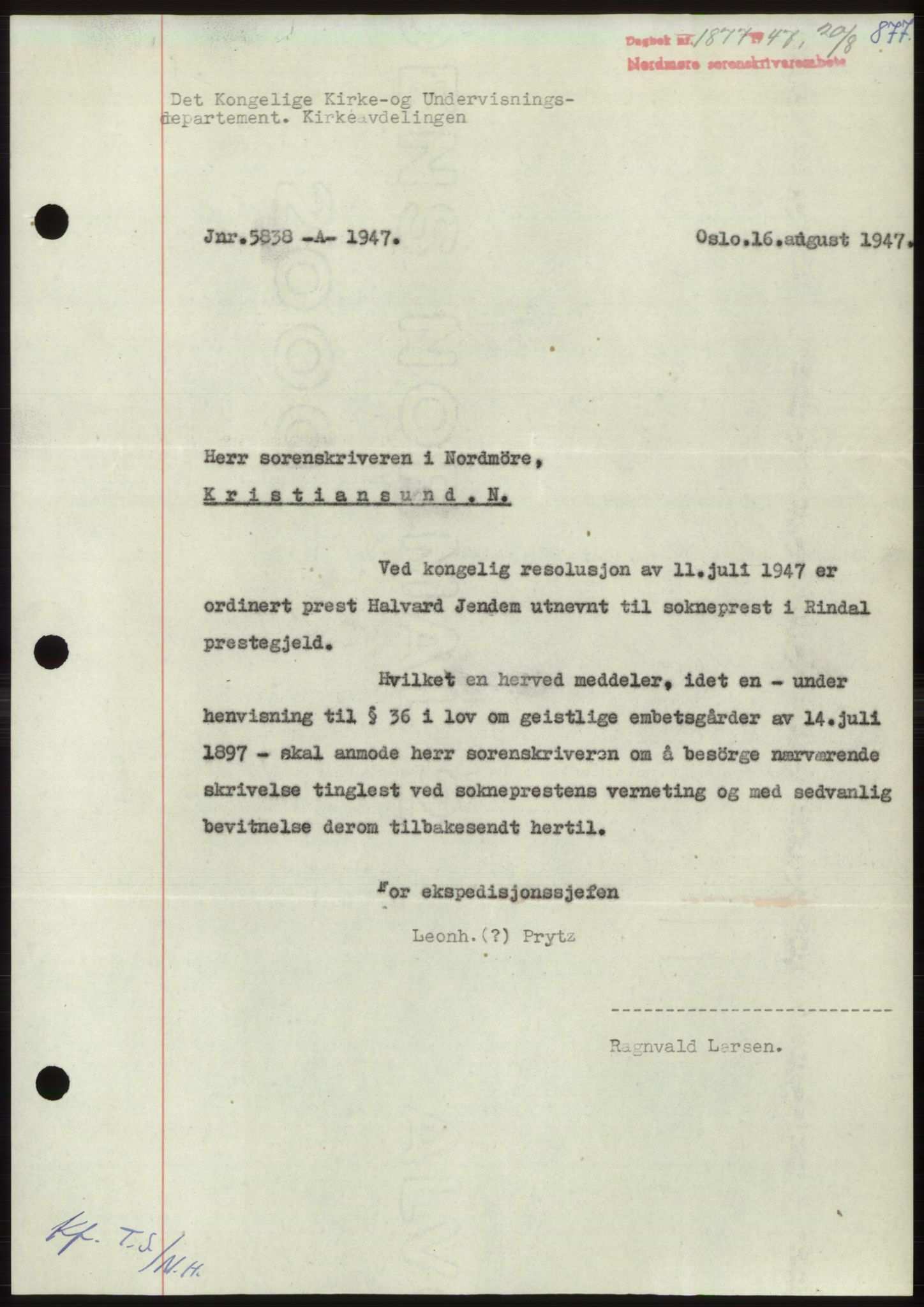 Nordmøre sorenskriveri, SAT/A-4132/1/2/2Ca: Pantebok nr. B96, 1947-1947, Dagboknr: 1877/1947