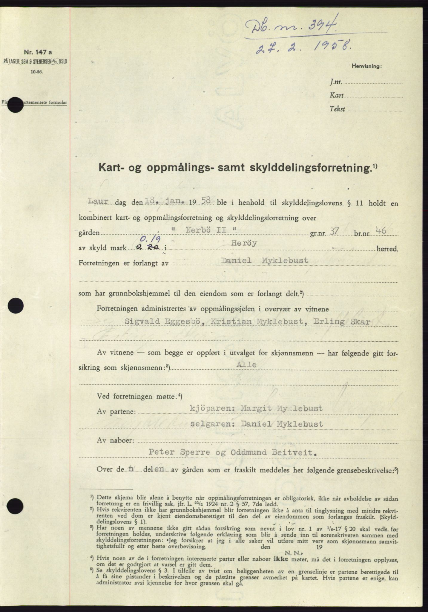 Søre Sunnmøre sorenskriveri, SAT/A-4122/1/2/2C/L0109: Pantebok nr. 35A, 1958-1958, Dagboknr: 394/1958