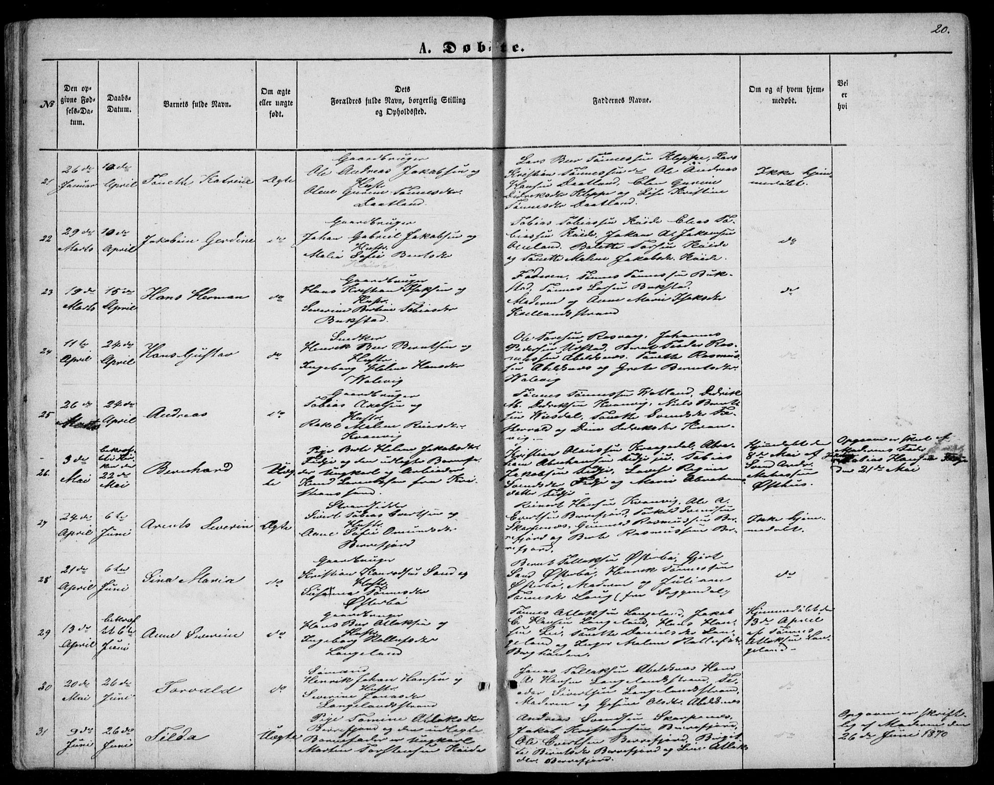 Flekkefjord sokneprestkontor, AV/SAK-1111-0012/F/Fb/Fbb/L0003: Klokkerbok nr. B 3, 1867-1889, s. 20