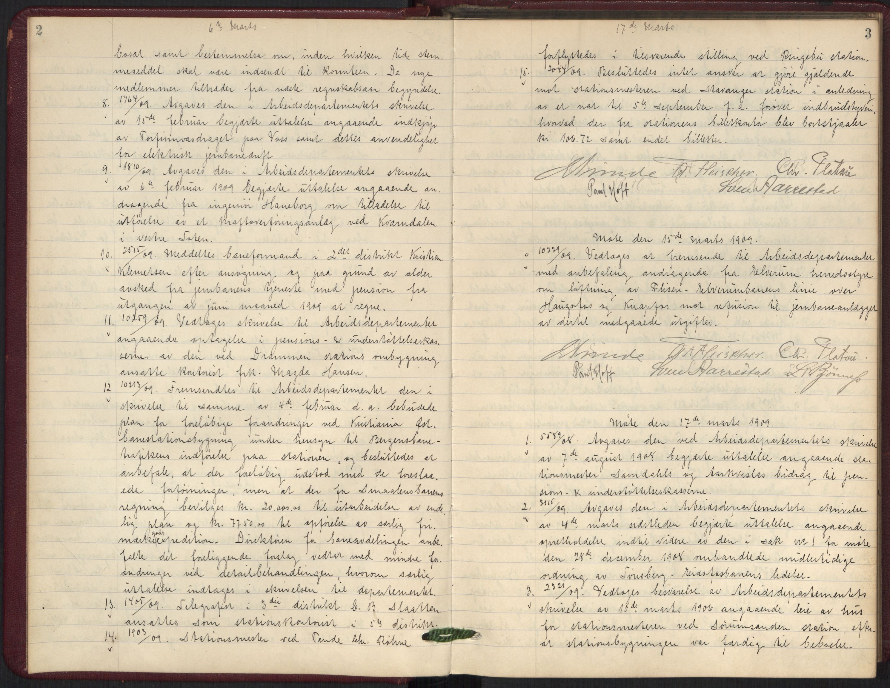 Norges statsbaner, Administrasjons- økonomi- og personalavdelingen, AV/RA-S-3412/A/Aa/L0010: Forhandlingsprotokoll, 1909-1910, s. 2-3