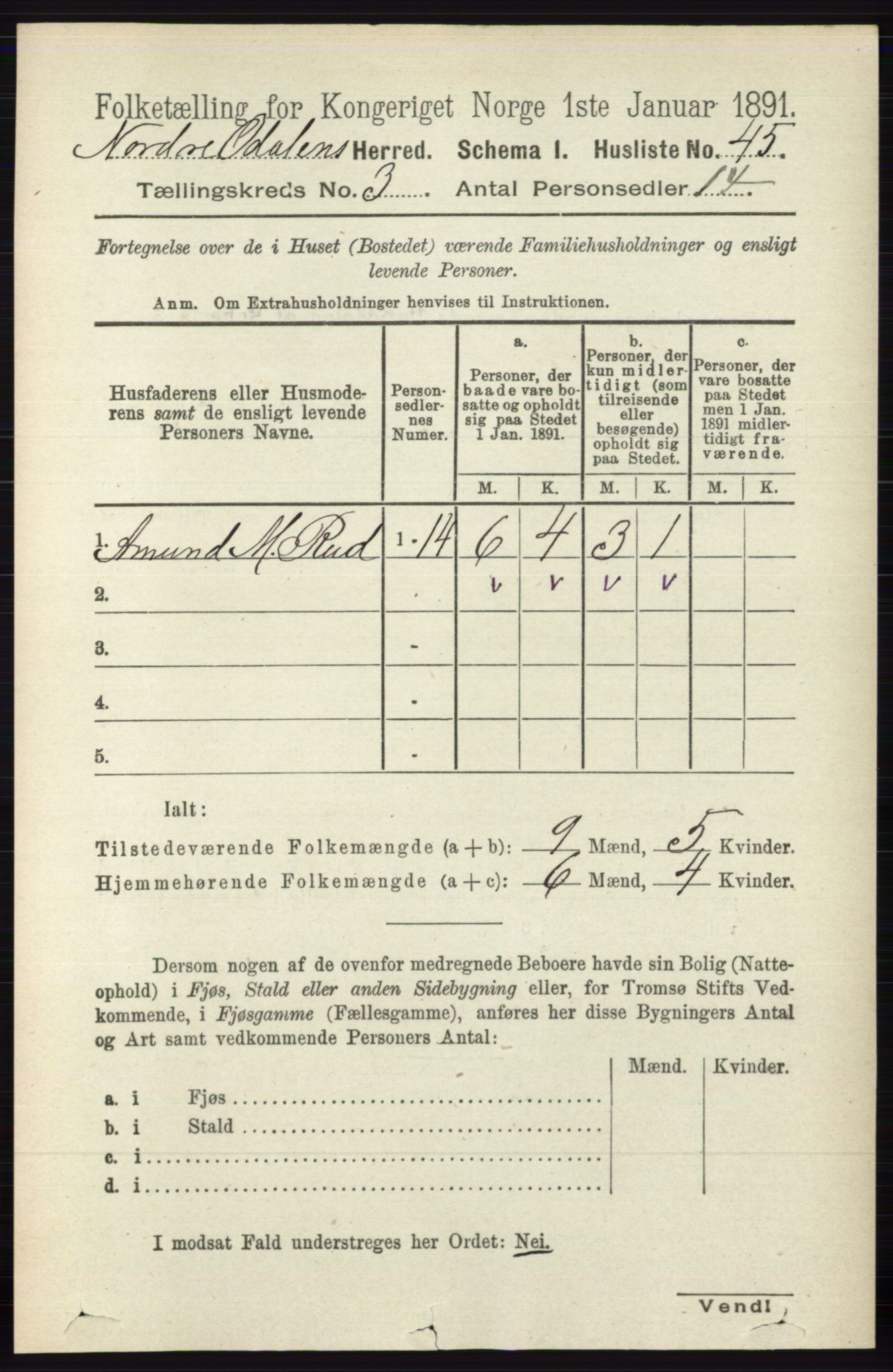 RA, Folketelling 1891 for 0418 Nord-Odal herred, 1891, s. 805