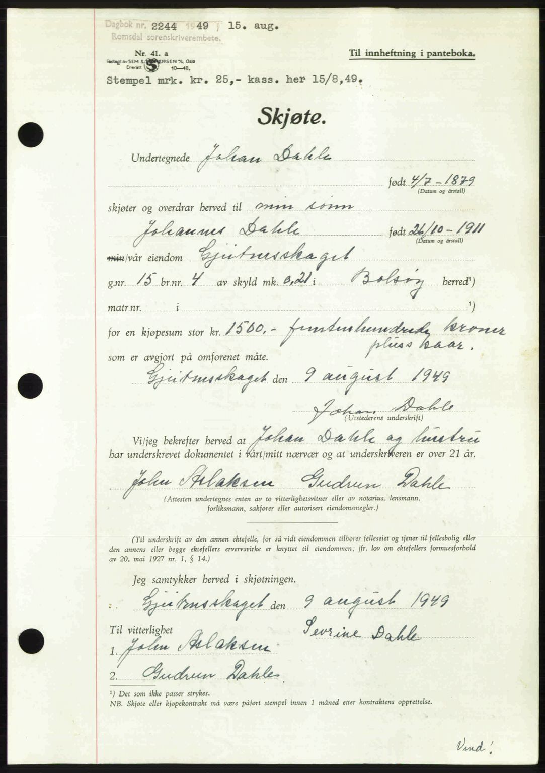 Romsdal sorenskriveri, SAT/A-4149/1/2/2C: Pantebok nr. A30, 1949-1949, Dagboknr: 2244/1949