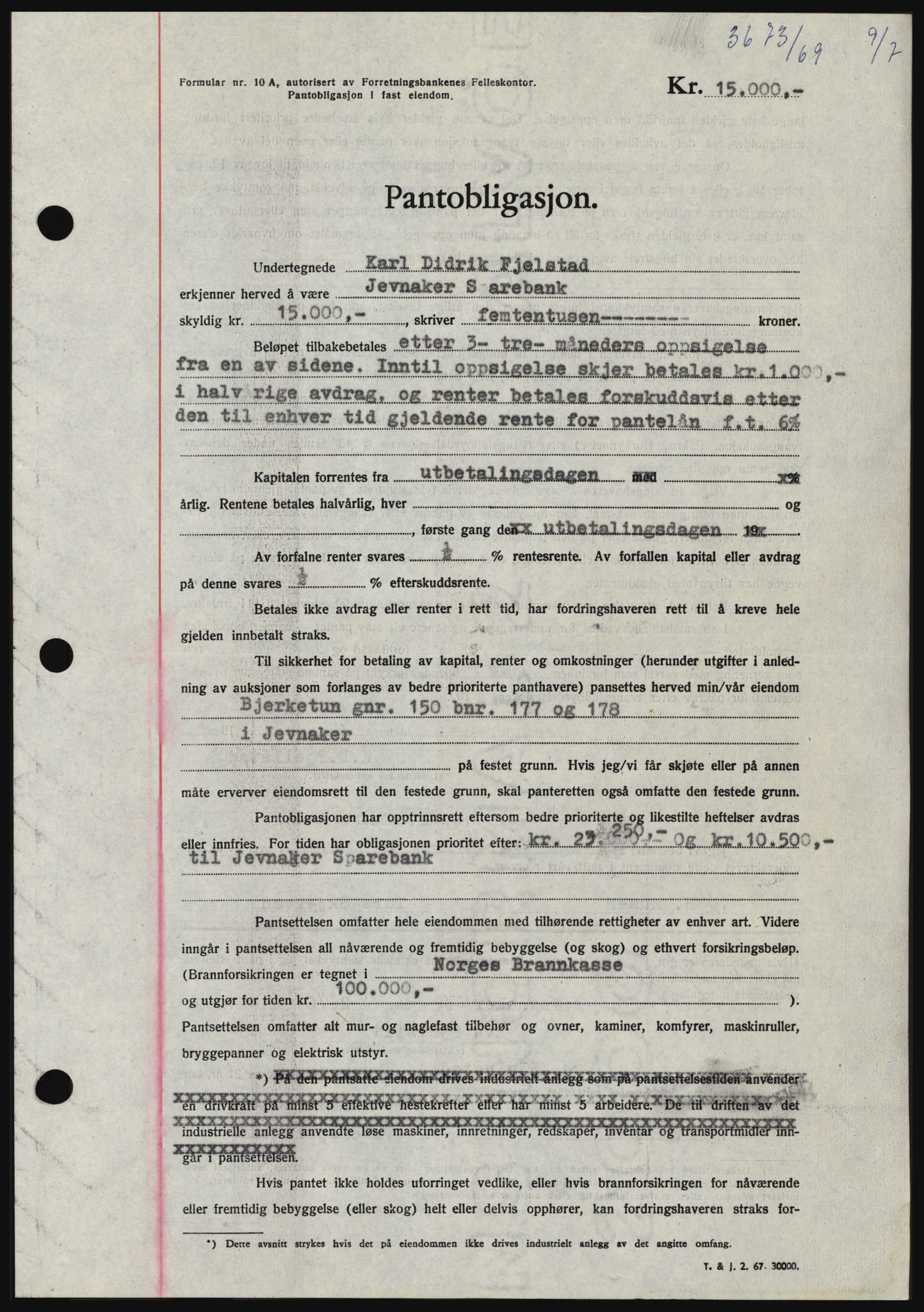 Hadeland og Land tingrett, SAH/TING-010/H/Hb/Hbc/L0074: Pantebok nr. B74, 1969-1969, Dagboknr: 3673/1969