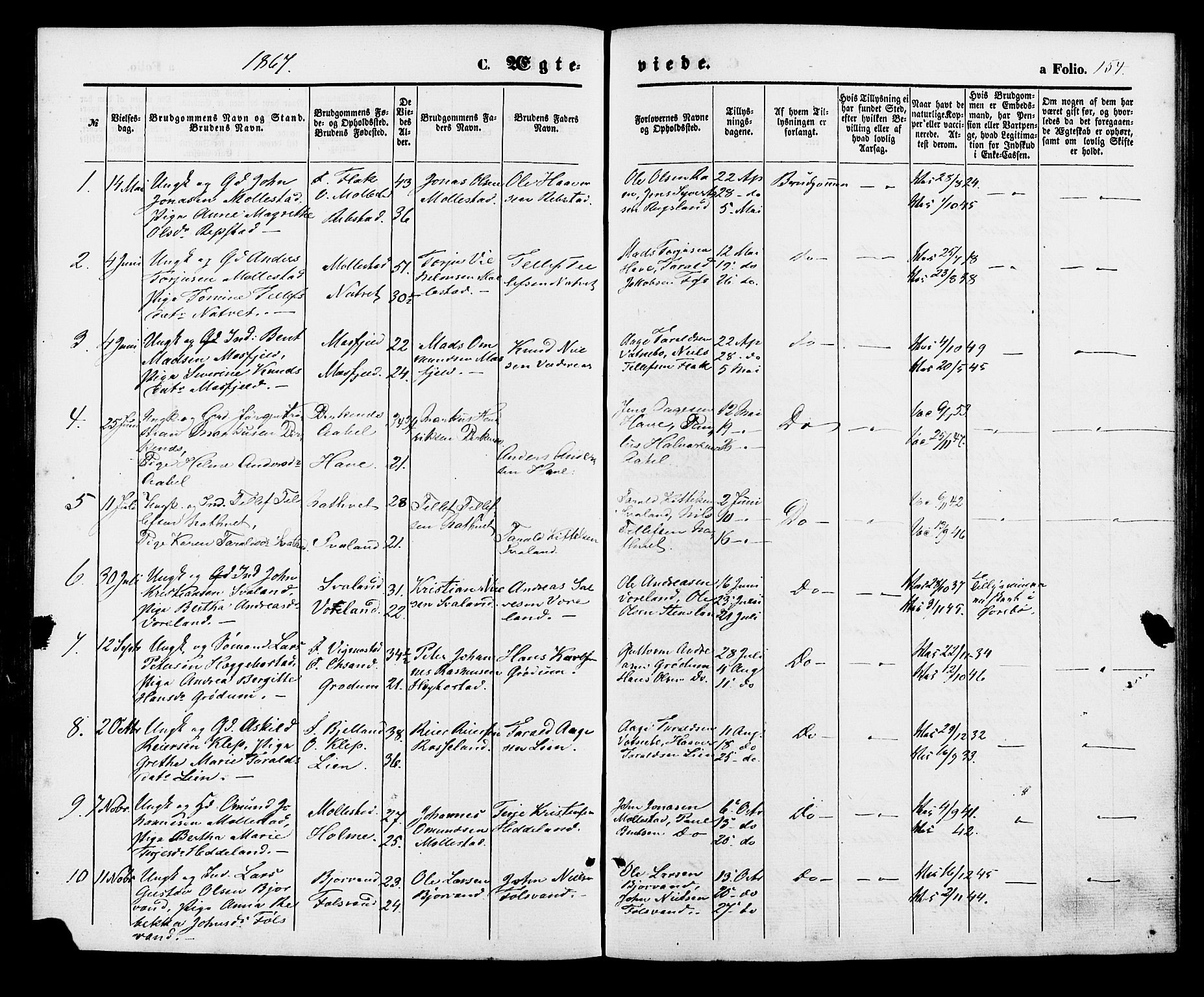 Birkenes sokneprestkontor, AV/SAK-1111-0004/F/Fa/L0004: Ministerialbok nr. A 4, 1867-1886, s. 154