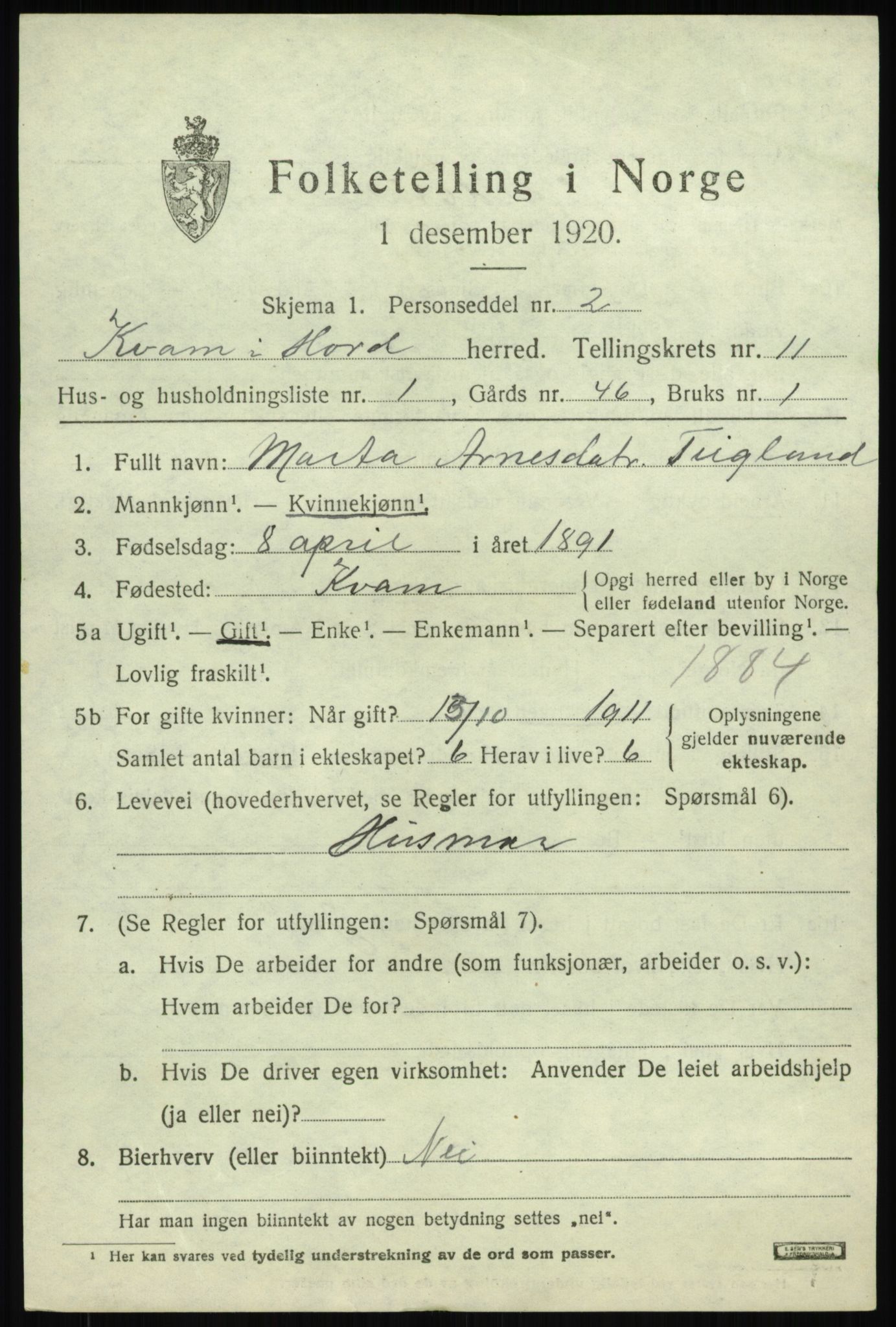 SAB, Folketelling 1920 for 1238 Kvam herred, 1920, s. 7027