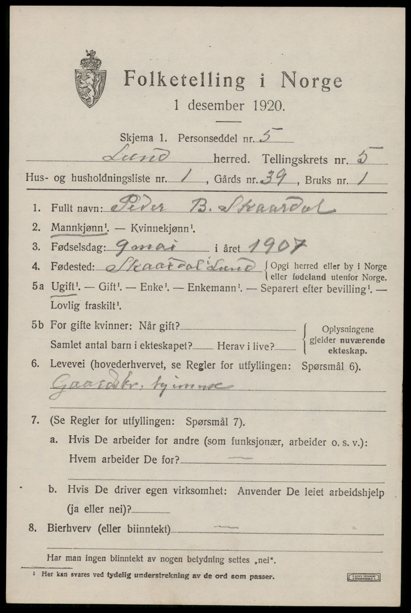 SAST, Folketelling 1920 for 1112 Lund herred, 1920, s. 3140