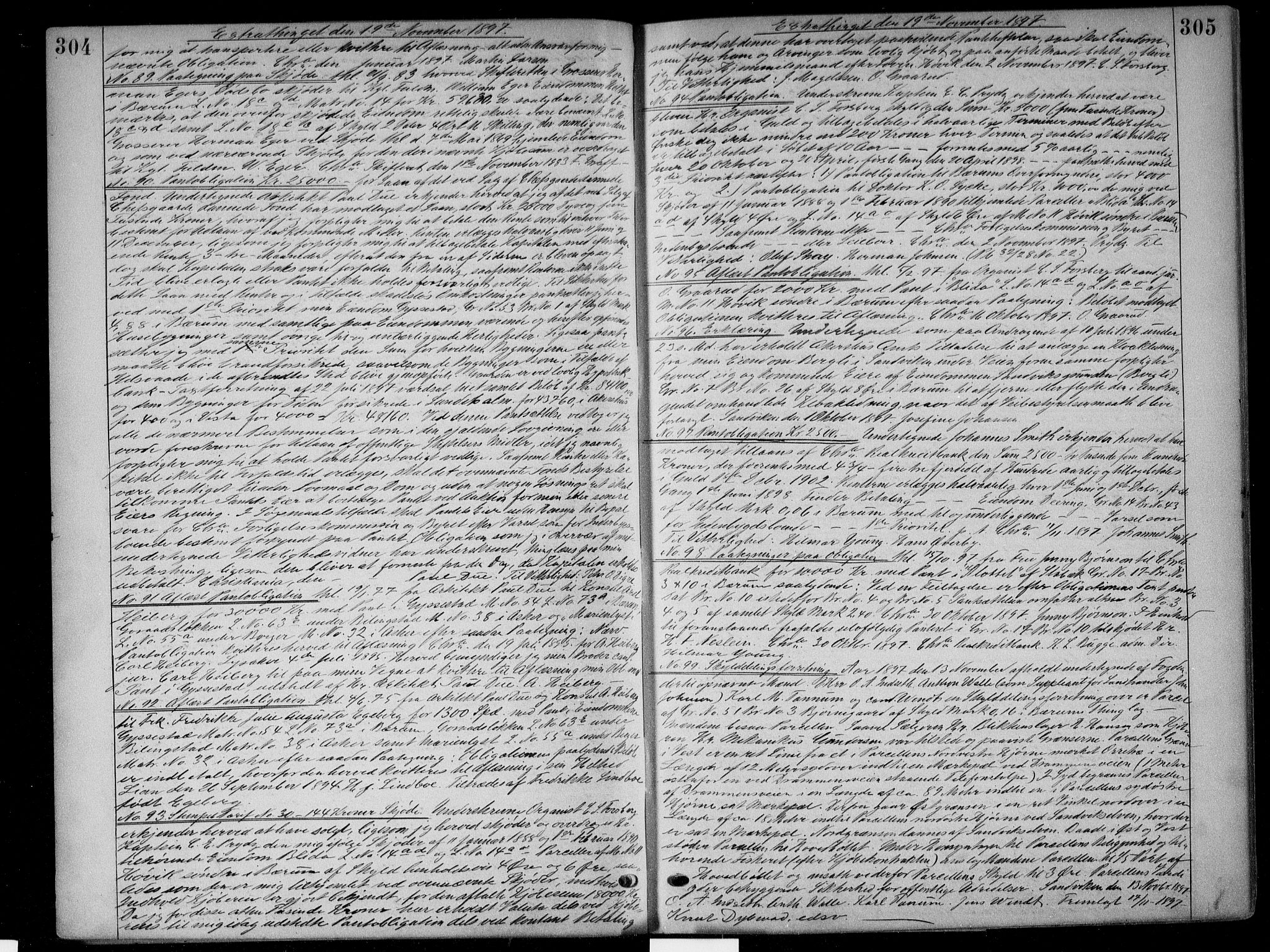 Aker sorenskriveri, SAO/A-10895/G/Gb/Gba/L0034: Pantebok nr. I 34, 1897-1898, s. 304-305