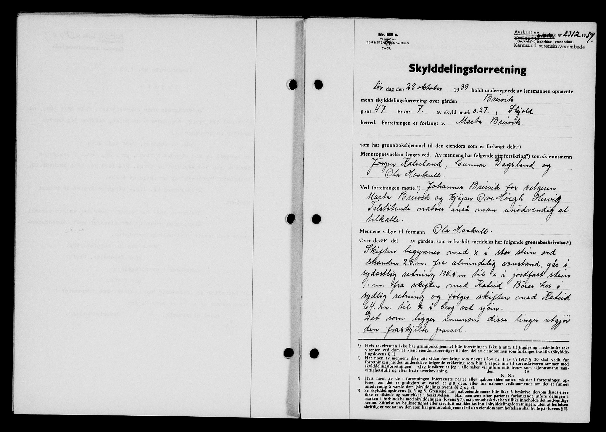 Karmsund sorenskriveri, SAST/A-100311/01/II/IIB/L0072: Pantebok nr. 53A, 1939-1940, Dagboknr: 2312/1939