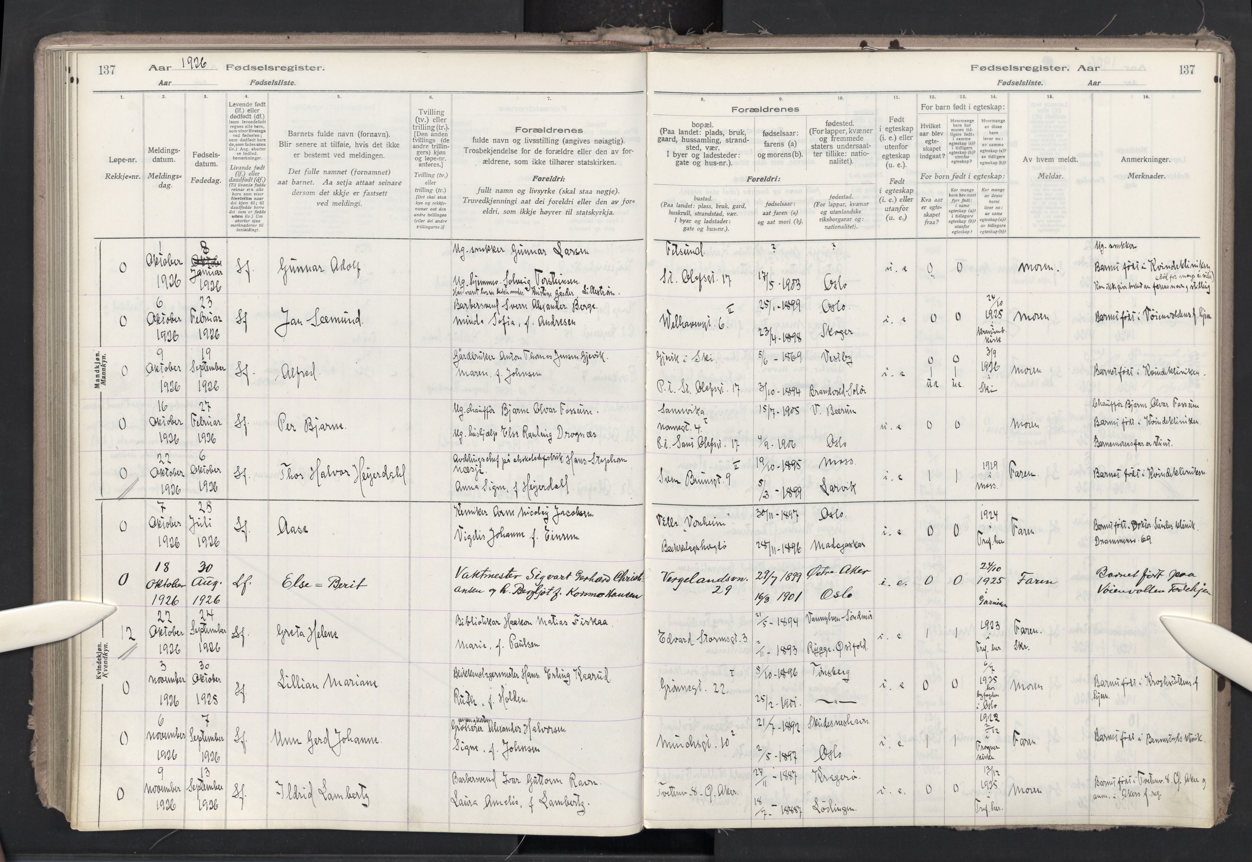 Trefoldighet prestekontor Kirkebøker, AV/SAO-A-10882/J/Ja/L0001: Fødselsregister nr. 1, 1916-1931, s. 137