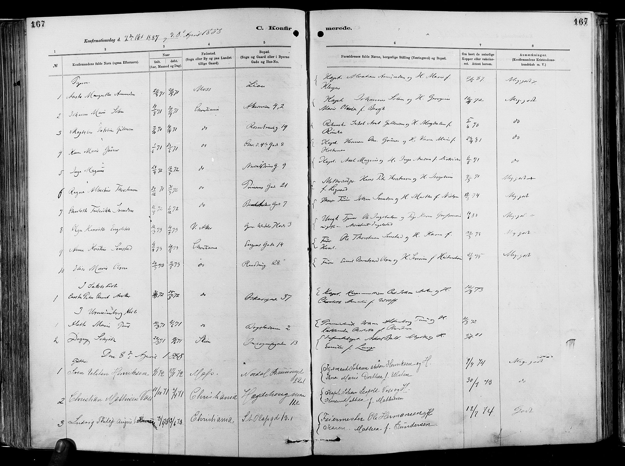 Garnisonsmenigheten Kirkebøker, AV/SAO-A-10846/F/Fa/L0012: Ministerialbok nr. 12, 1880-1893, s. 167