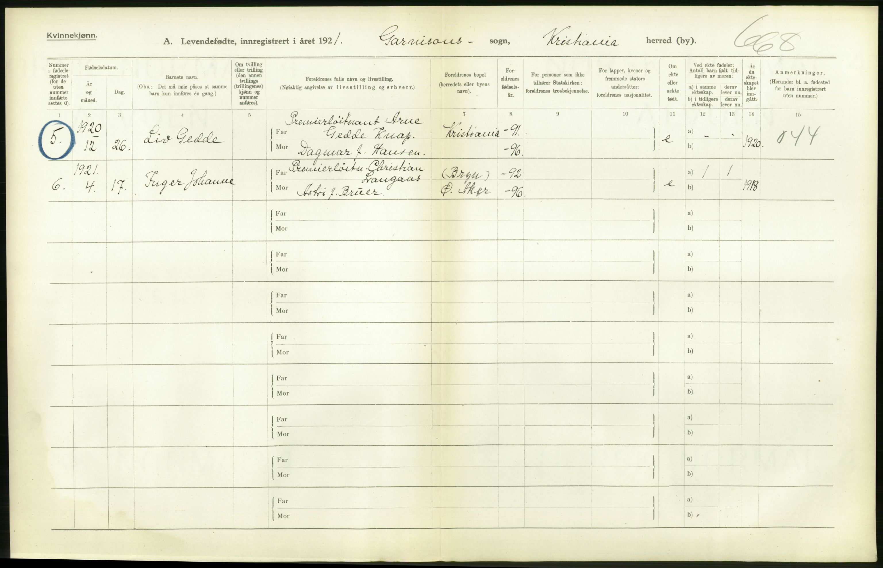 Statistisk sentralbyrå, Sosiodemografiske emner, Befolkning, RA/S-2228/D/Df/Dfc/Dfca/L0009: Kristiania: Levendefødte menn og kvinner., 1921, s. 368