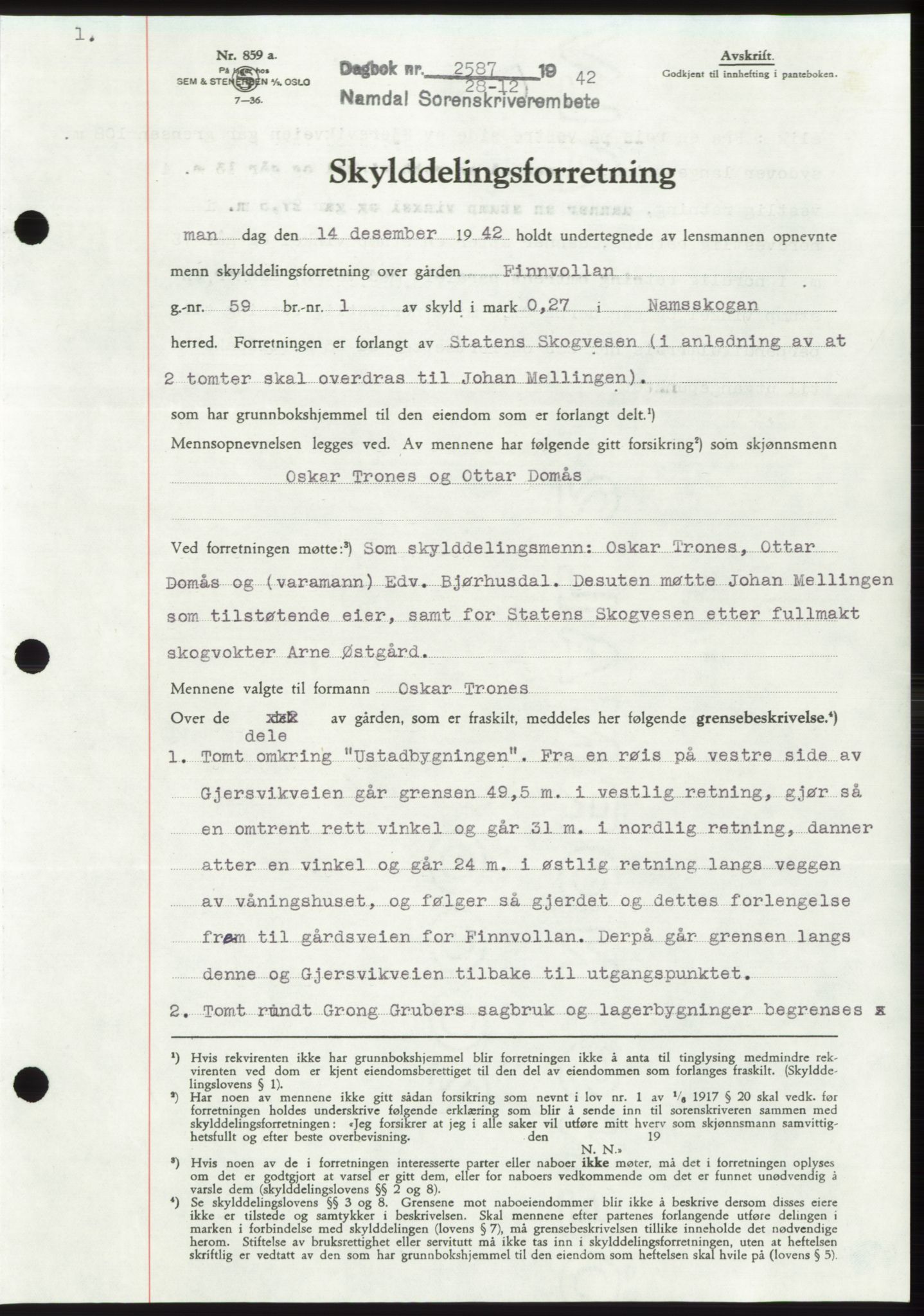Namdal sorenskriveri, SAT/A-4133/1/2/2C: Pantebok nr. -, 1942-1943, Dagboknr: 2587/1942