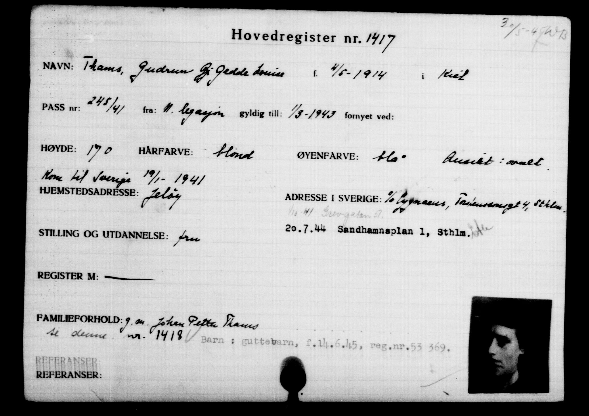 Utenriksstasjonene, Legasjonen i Stockholm, Flyktningkontoret, AV/RA-S-6753/V/Va/L0002: Kjesäterkartoteket, flyktninger med registreringsnr. 1001-2000, 1940-1945, s. 589