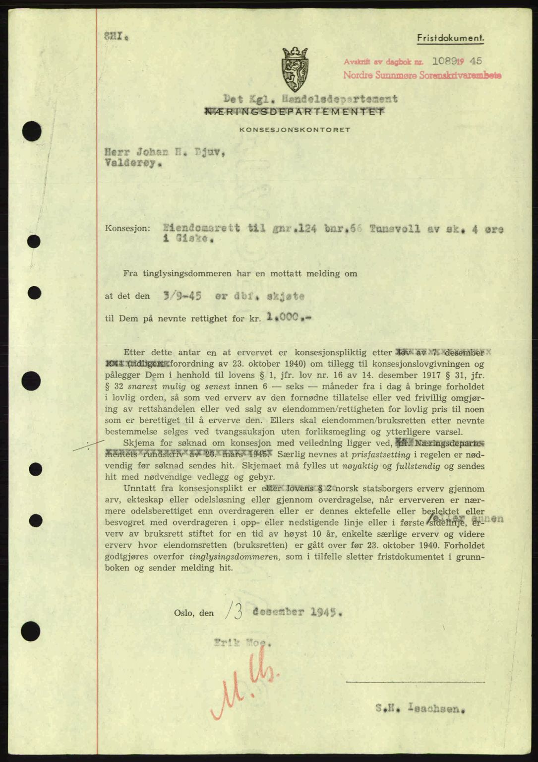 Nordre Sunnmøre sorenskriveri, AV/SAT-A-0006/1/2/2C/2Ca: Pantebok nr. B6-14 a, 1942-1945, Dagboknr: 1089/1945