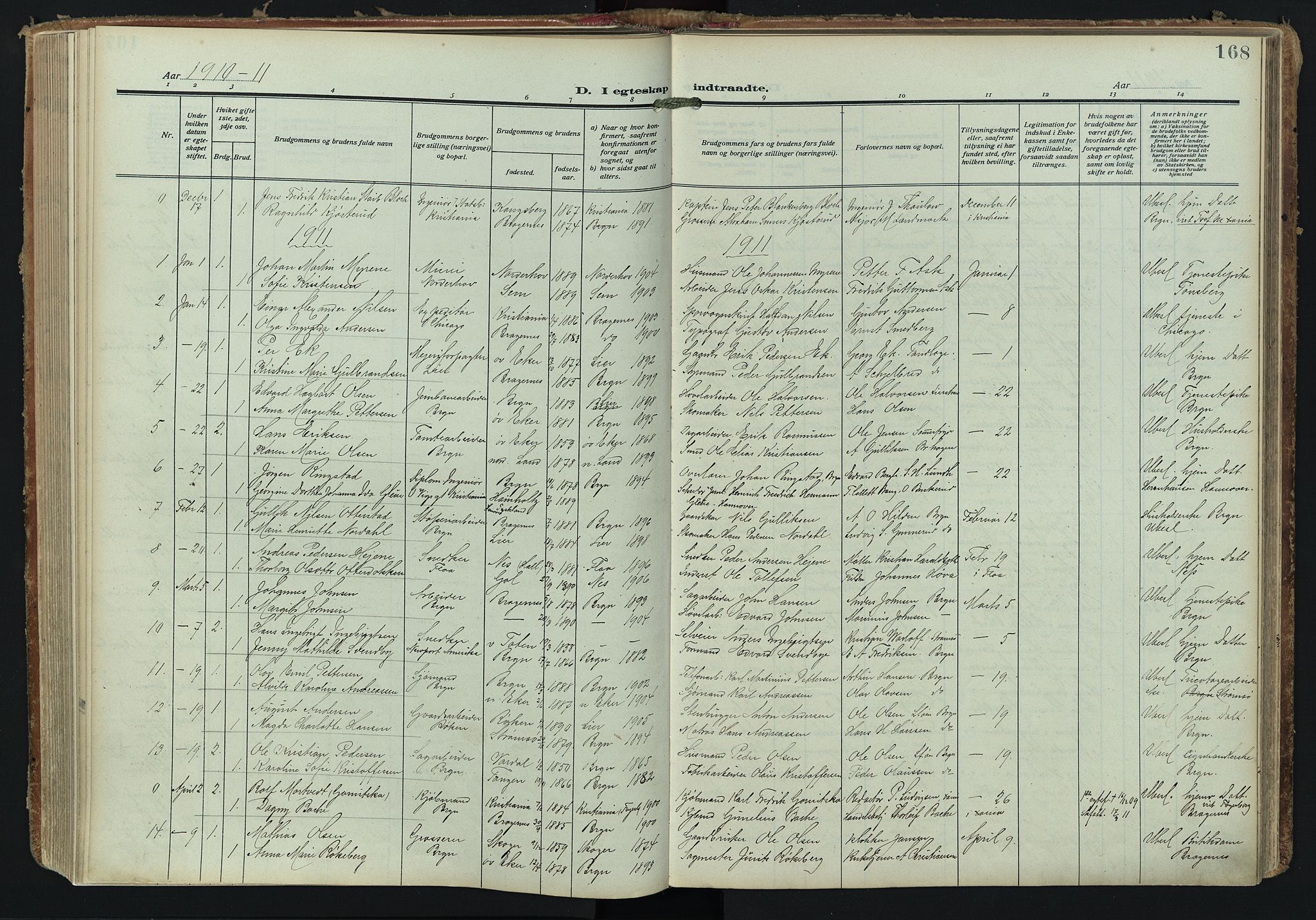 Bragernes kirkebøker, AV/SAKO-A-6/F/Fc/L0008: Ministerialbok nr. III 8, 1909-1921, s. 168