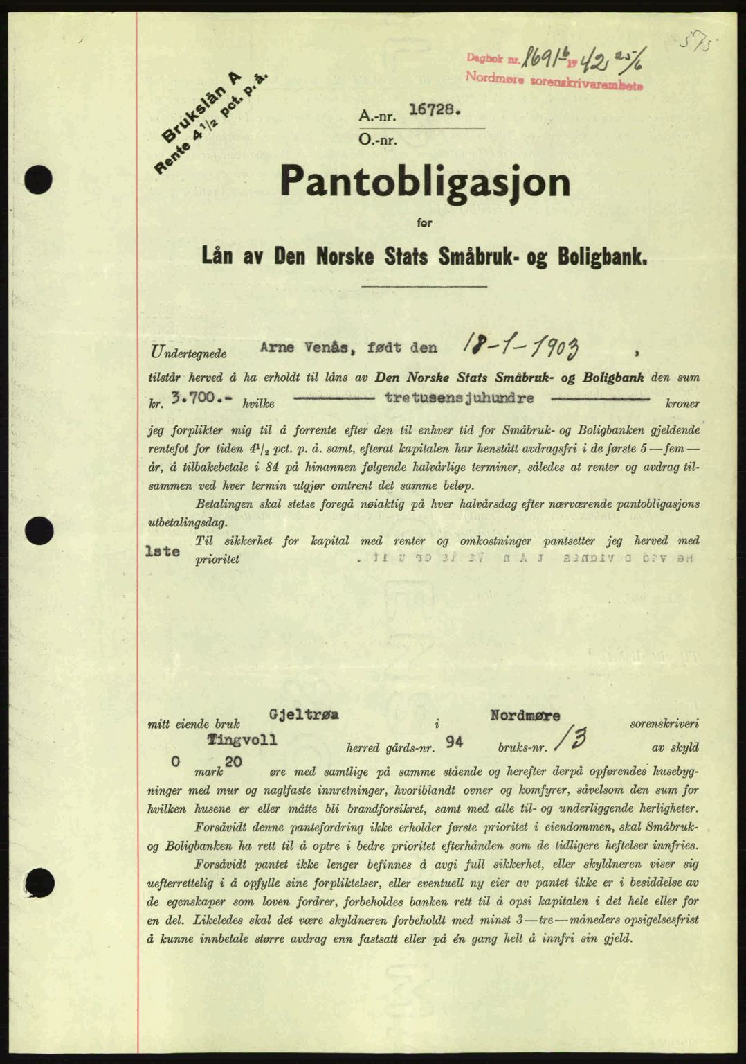 Nordmøre sorenskriveri, AV/SAT-A-4132/1/2/2Ca: Pantebok nr. B89, 1942-1942, Dagboknr: 1691/1942