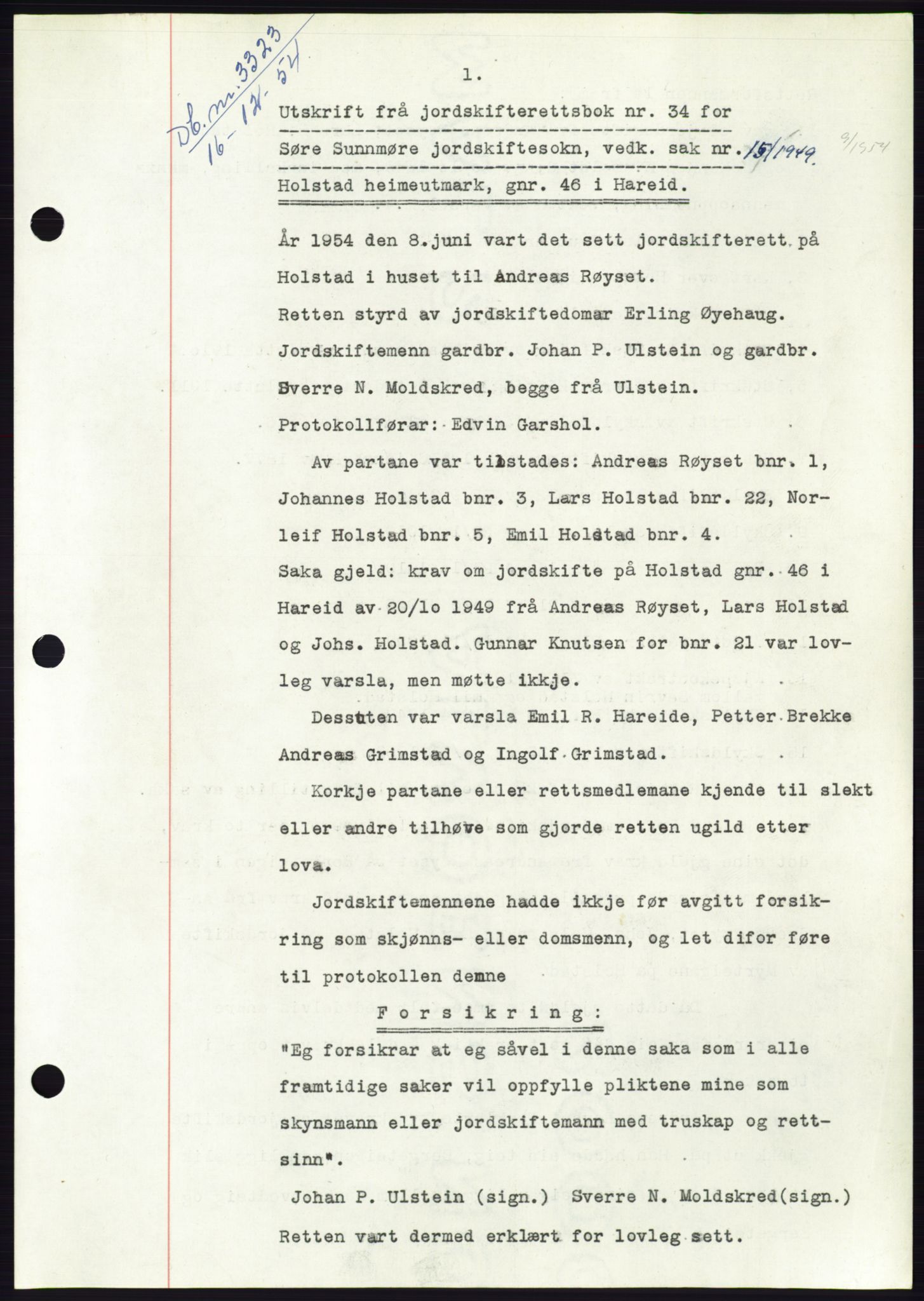 Søre Sunnmøre sorenskriveri, AV/SAT-A-4122/1/2/2C/L0099: Pantebok nr. 25A, 1954-1954, Dagboknr: 3323/1954