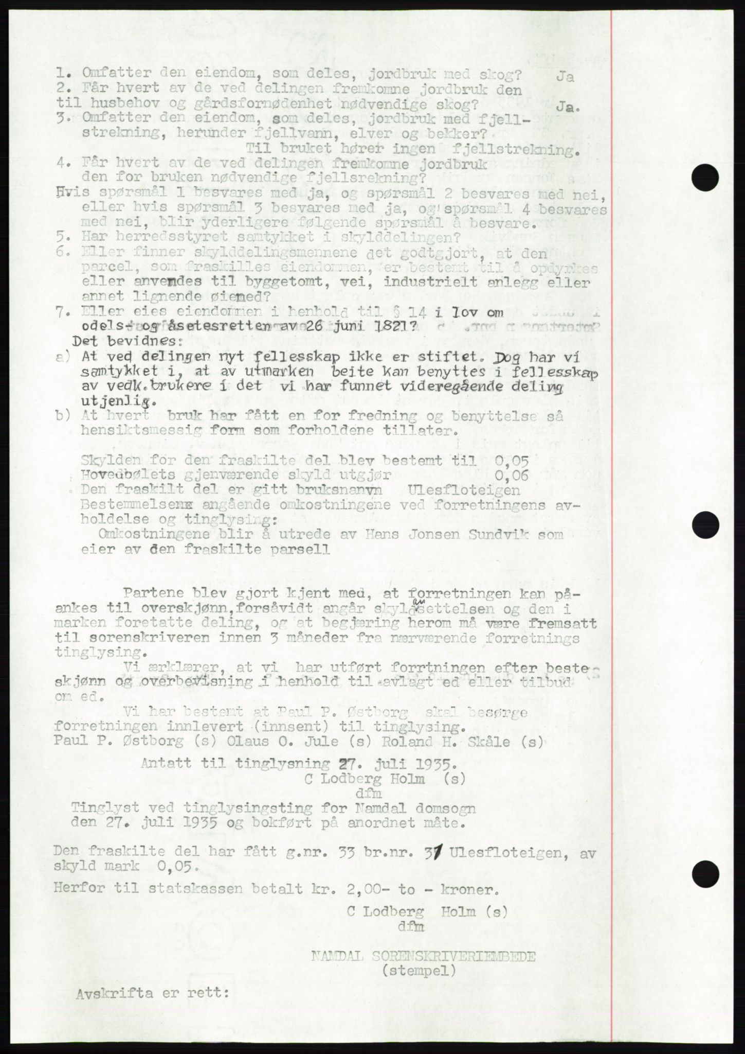 Namdal sorenskriveri, AV/SAT-A-4133/1/2/2C: Pantebok nr. -, 1935-1936, Tingl.dato: 13.07.1935