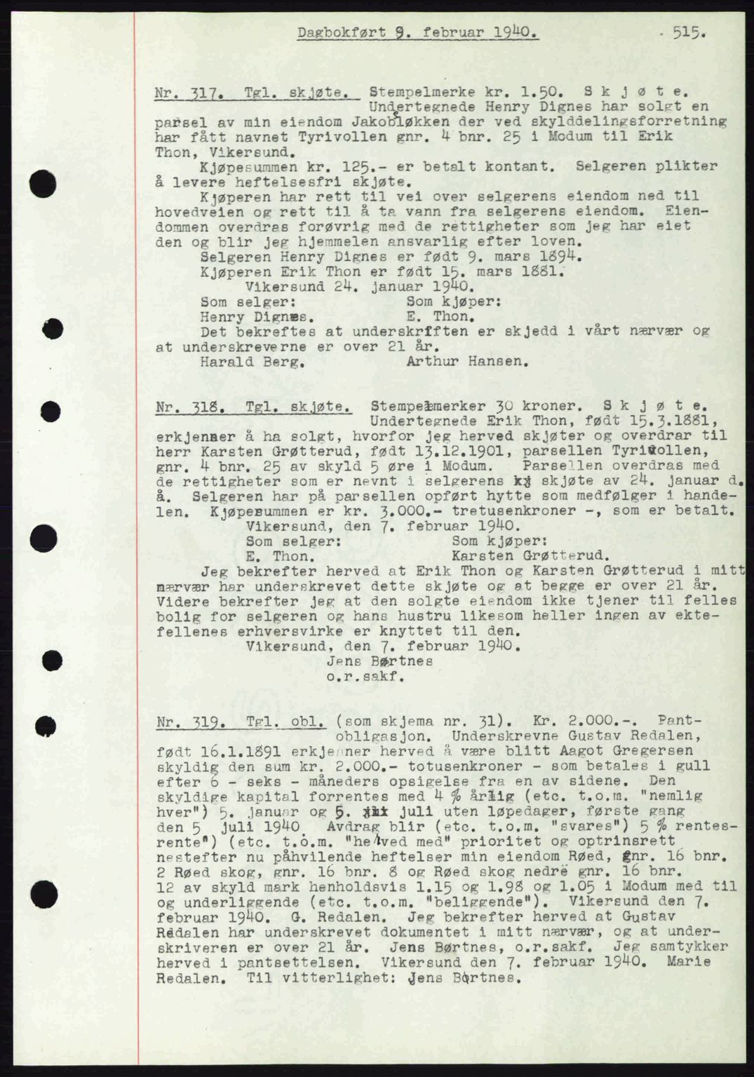 Eiker, Modum og Sigdal sorenskriveri, SAKO/A-123/G/Ga/Gab/L0041: Pantebok nr. A11, 1939-1940, Dagboknr: 317/1940