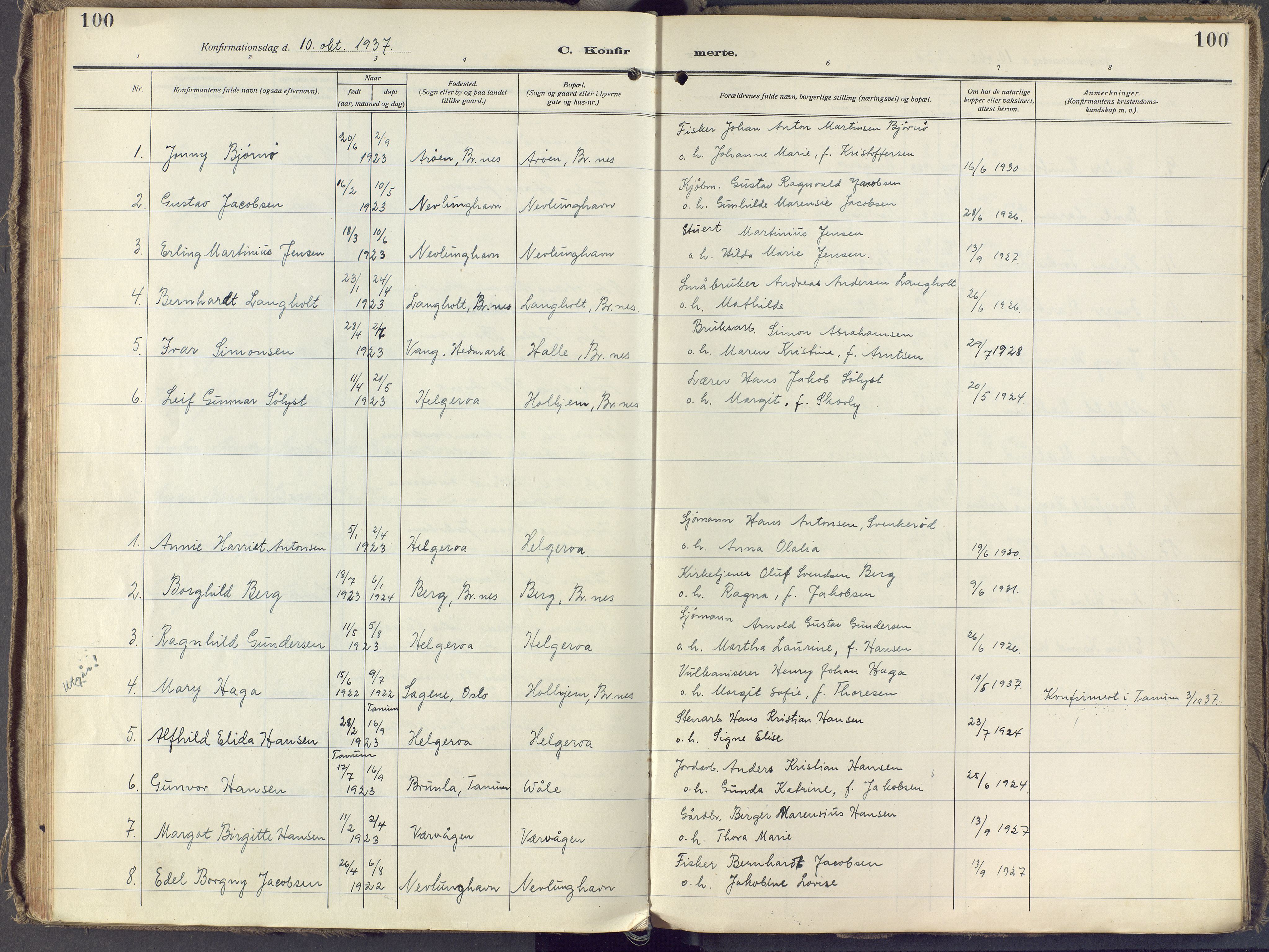 Brunlanes kirkebøker, SAKO/A-342/F/Fb/L0004: Ministerialbok nr. II 4, 1923-1940, s. 100
