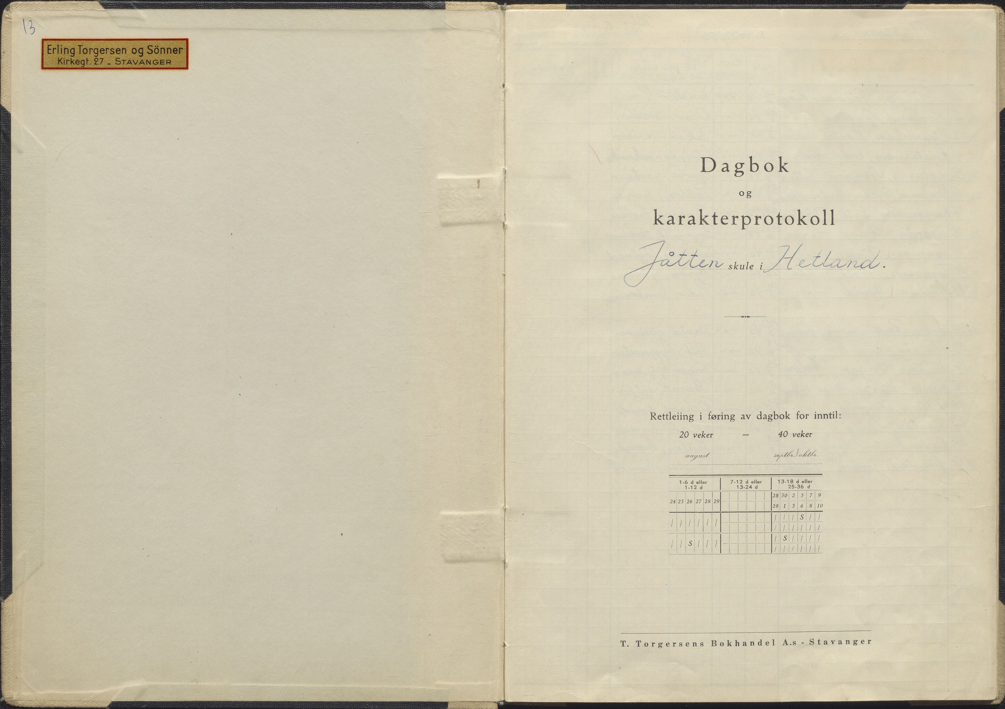 Hetland kommune. Jåtten skole, BYST/A-0148/G/Ga/L0020: Dagbok med karakterprotokoll, 1955-1959