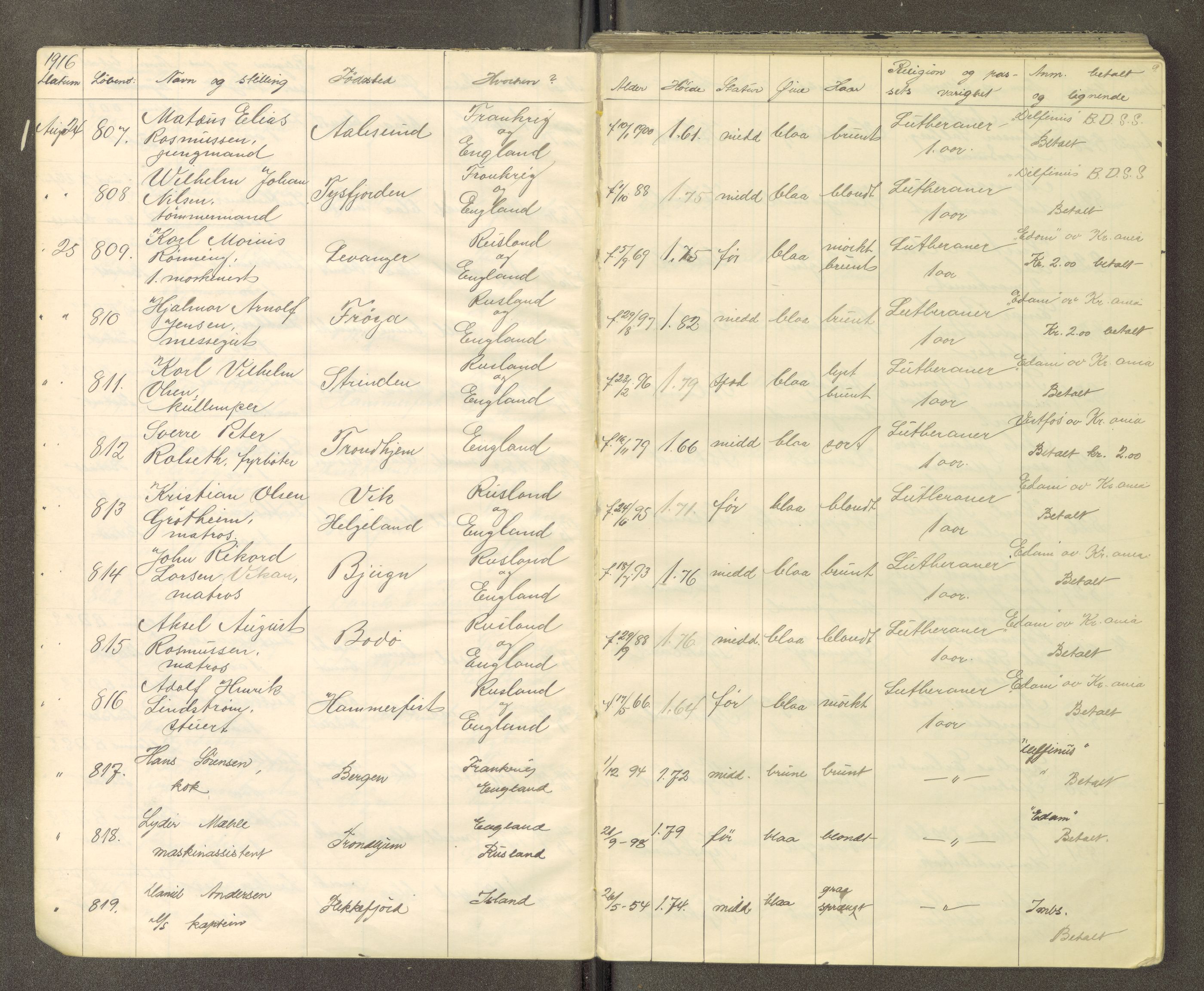 Trondheim politikammer, AV/SAT-A-1887/1/30/L0015: Passprotokoll. Utstedte pass, 1916-1918, s. 9