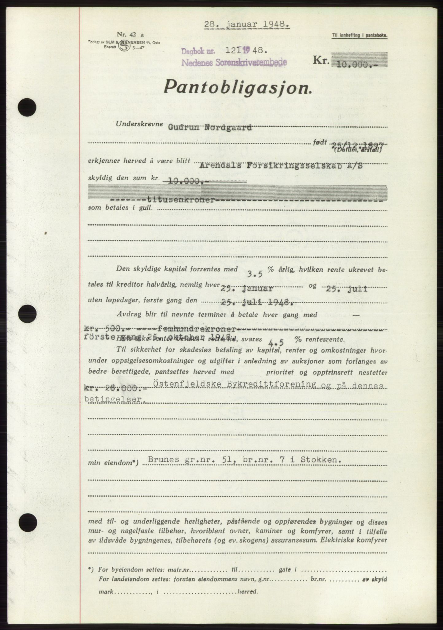 Nedenes sorenskriveri, AV/SAK-1221-0006/G/Gb/Gbb/L0005: Pantebok nr. B5, 1948-1948, Dagboknr: 121/1948