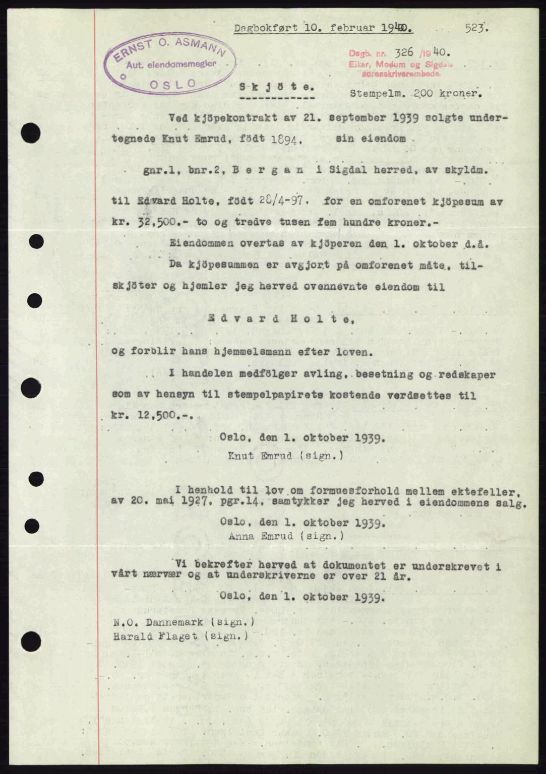 Eiker, Modum og Sigdal sorenskriveri, SAKO/A-123/G/Ga/Gab/L0041: Pantebok nr. A11, 1939-1940, Dagboknr: 326/1940