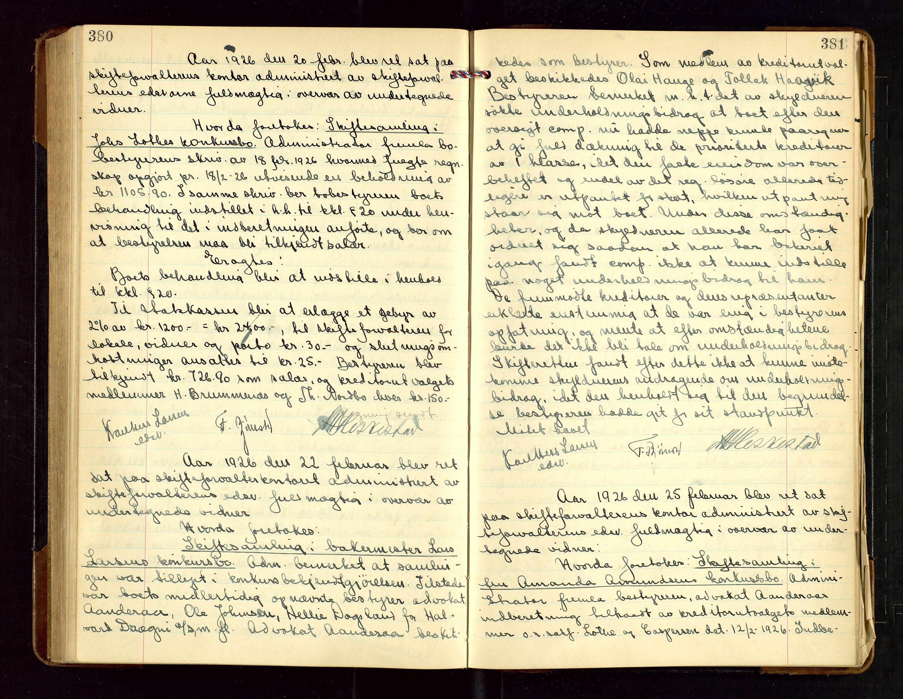 Haugesund tingrett, AV/SAST-A-101415/01/IV/IVC/L0004: Skifteforhandlingsprotokoll, med register, 1923-1926, s. 380-381