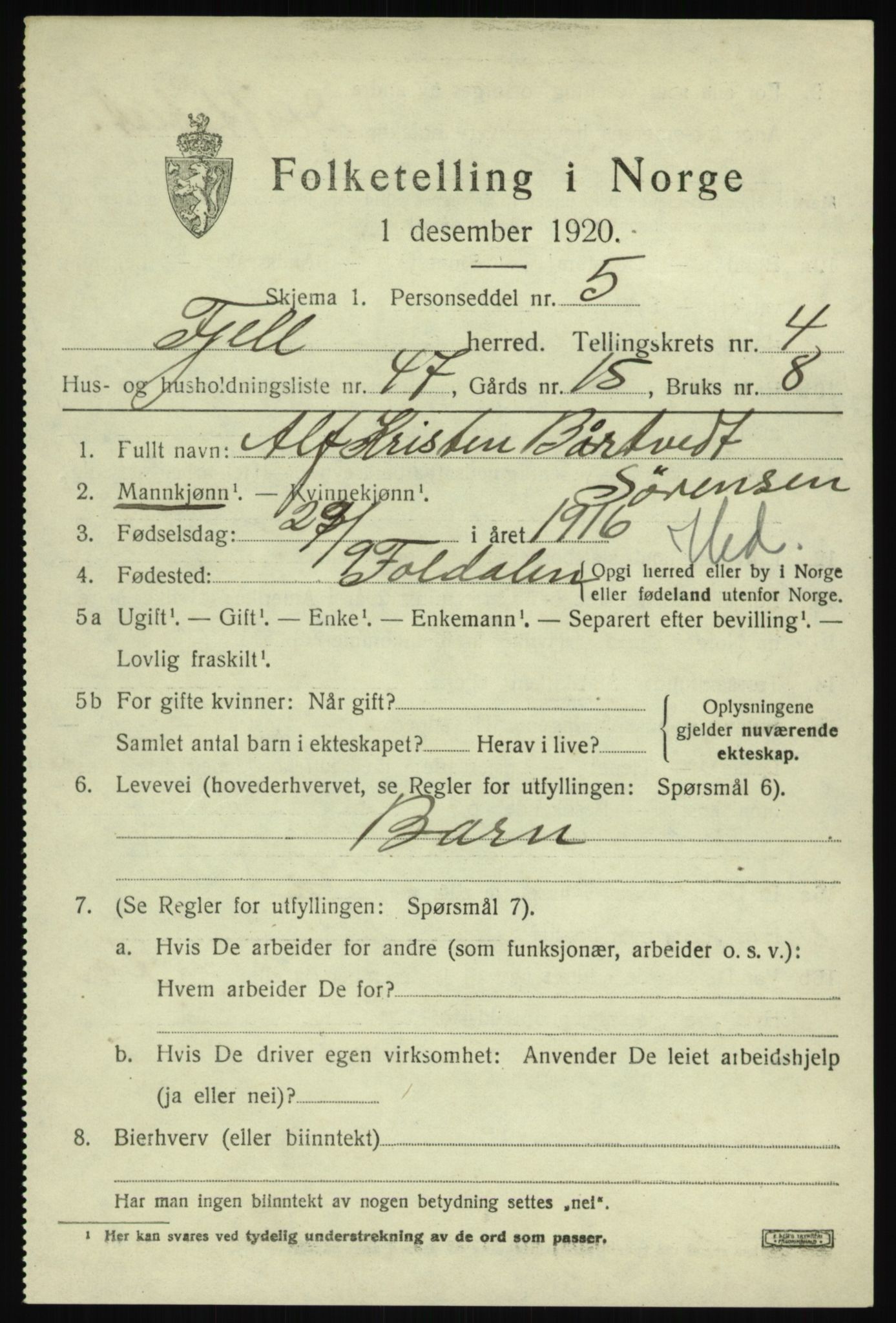 SAB, Folketelling 1920 for 1246 Fjell herred, 1920, s. 4332