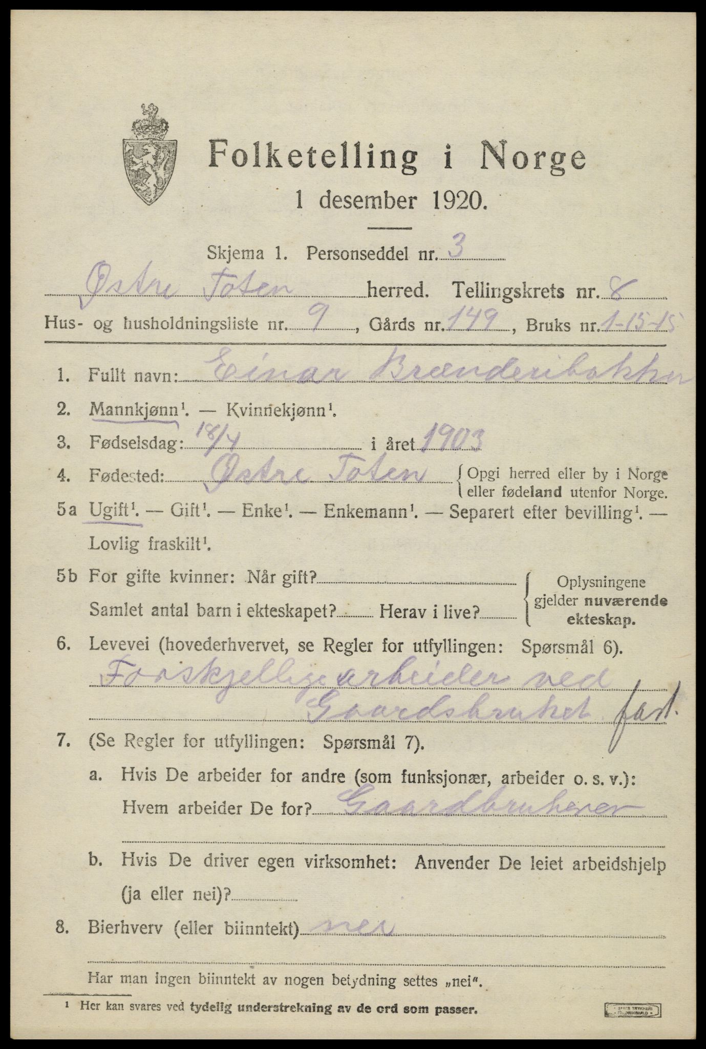 SAH, Folketelling 1920 for 0528 Østre Toten herred, 1920, s. 16000
