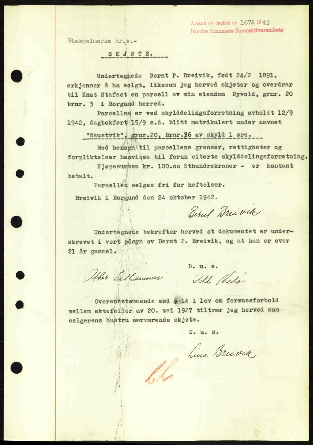 Nordre Sunnmøre sorenskriveri, SAT/A-0006/1/2/2C/2Ca: Pantebok nr. A14, 1942-1942, Dagboknr: 1675/1942