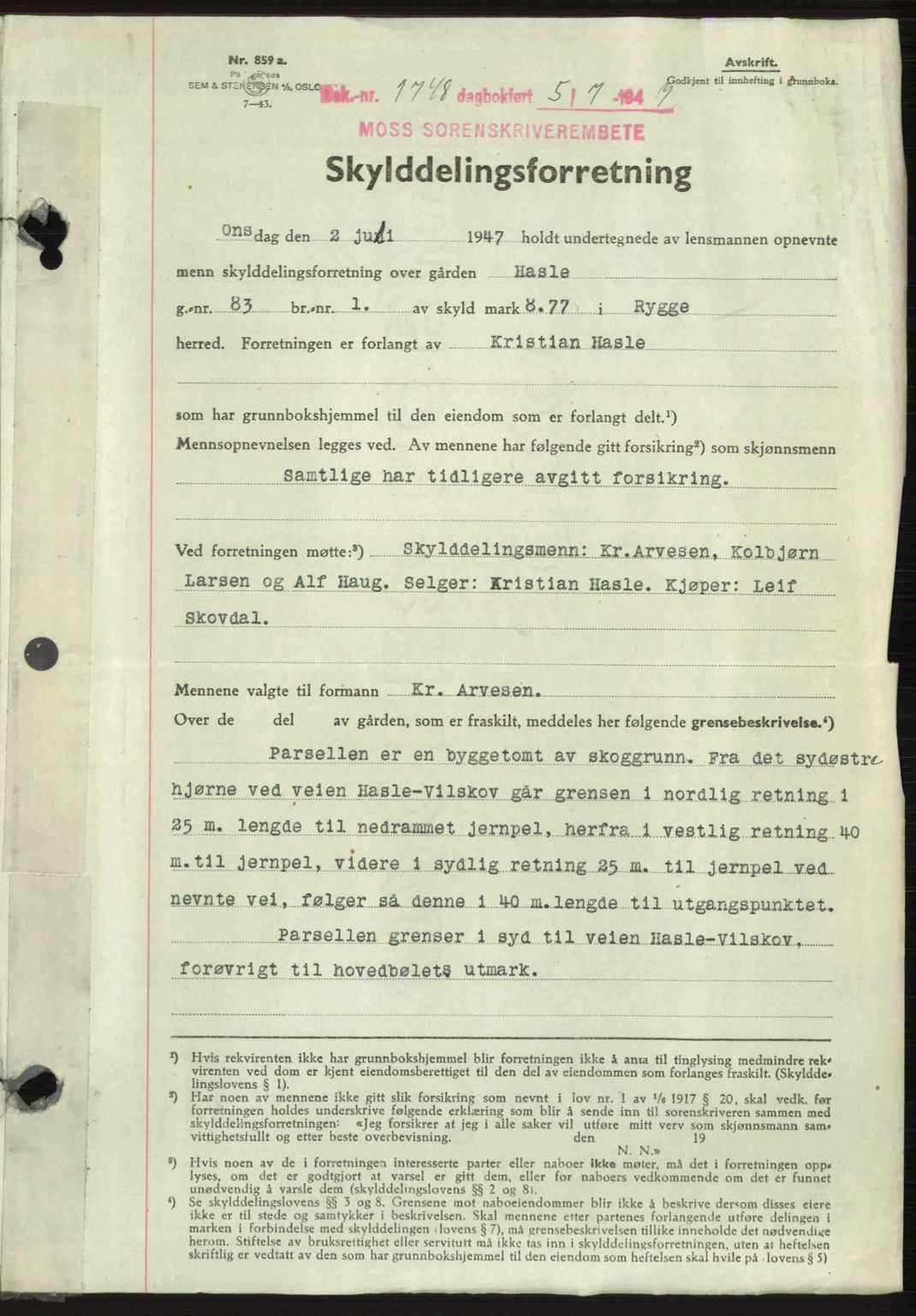 Moss sorenskriveri, SAO/A-10168: Pantebok nr. A17, 1947-1947, Dagboknr: 1748/1947