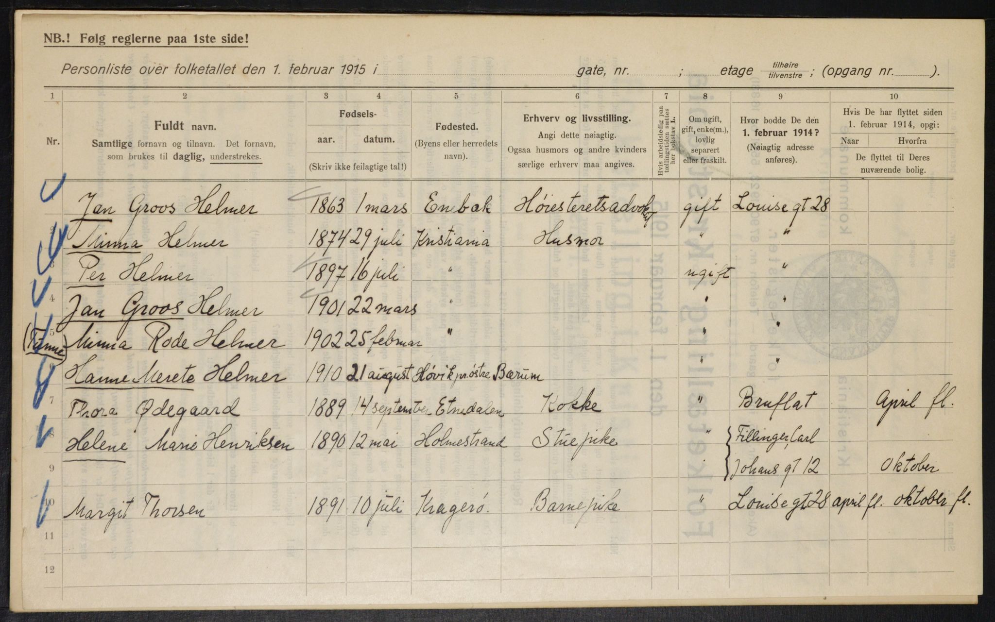 OBA, Kommunal folketelling 1.2.1915 for Kristiania, 1915, s. 57798