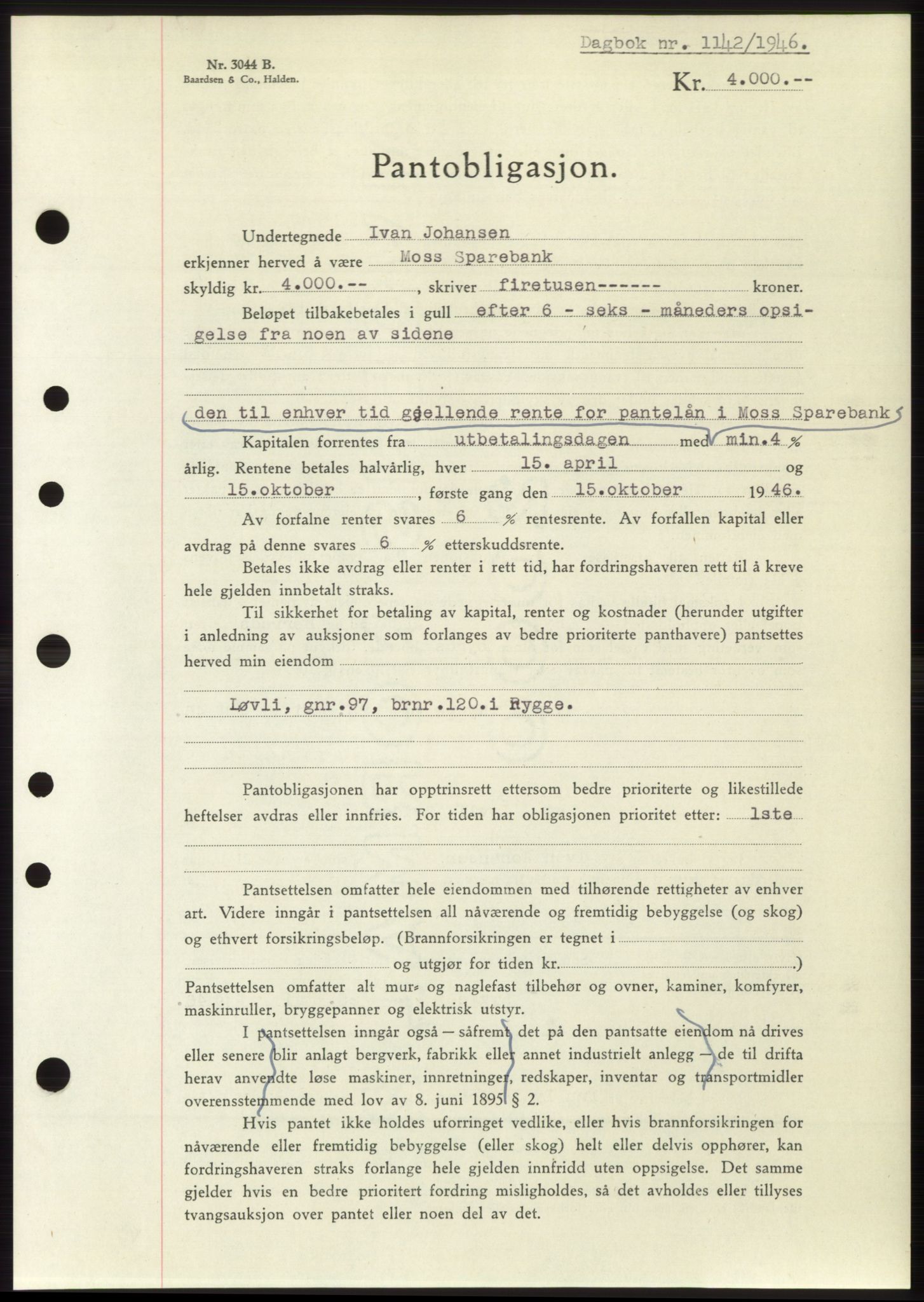 Moss sorenskriveri, SAO/A-10168: Pantebok nr. B15, 1946-1946, Dagboknr: 1142/1946