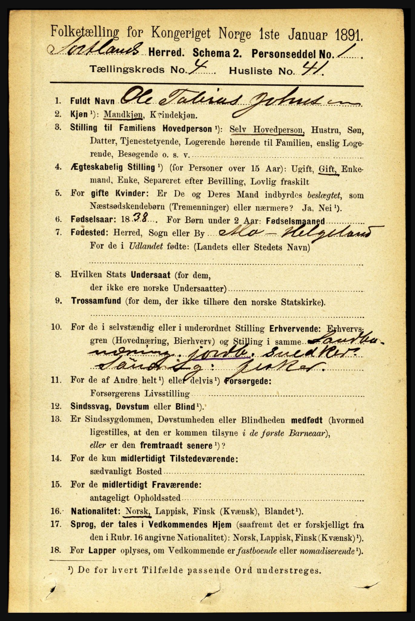 RA, Folketelling 1891 for 1870 Sortland herred, 1891, s. 3001