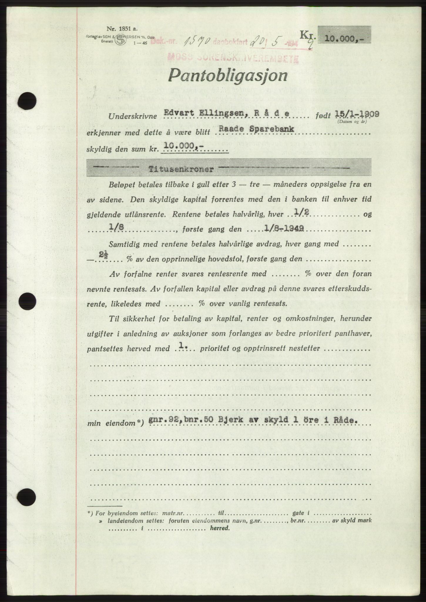 Moss sorenskriveri, SAO/A-10168: Pantebok nr. B21, 1949-1949, Dagboknr: 1570/1949