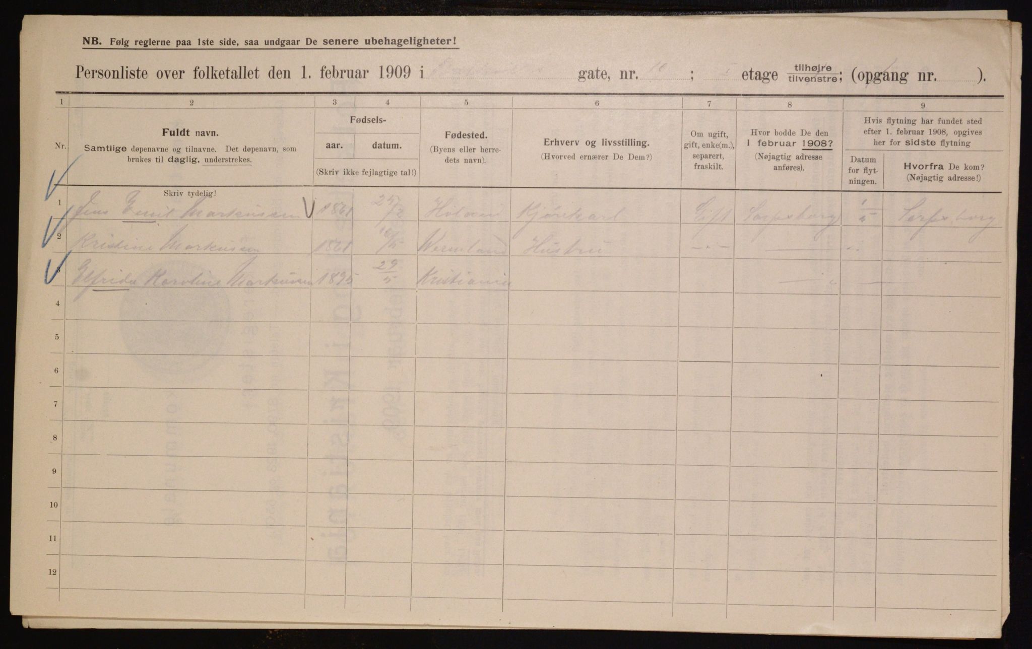 OBA, Kommunal folketelling 1.2.1909 for Kristiania kjøpstad, 1909, s. 8185