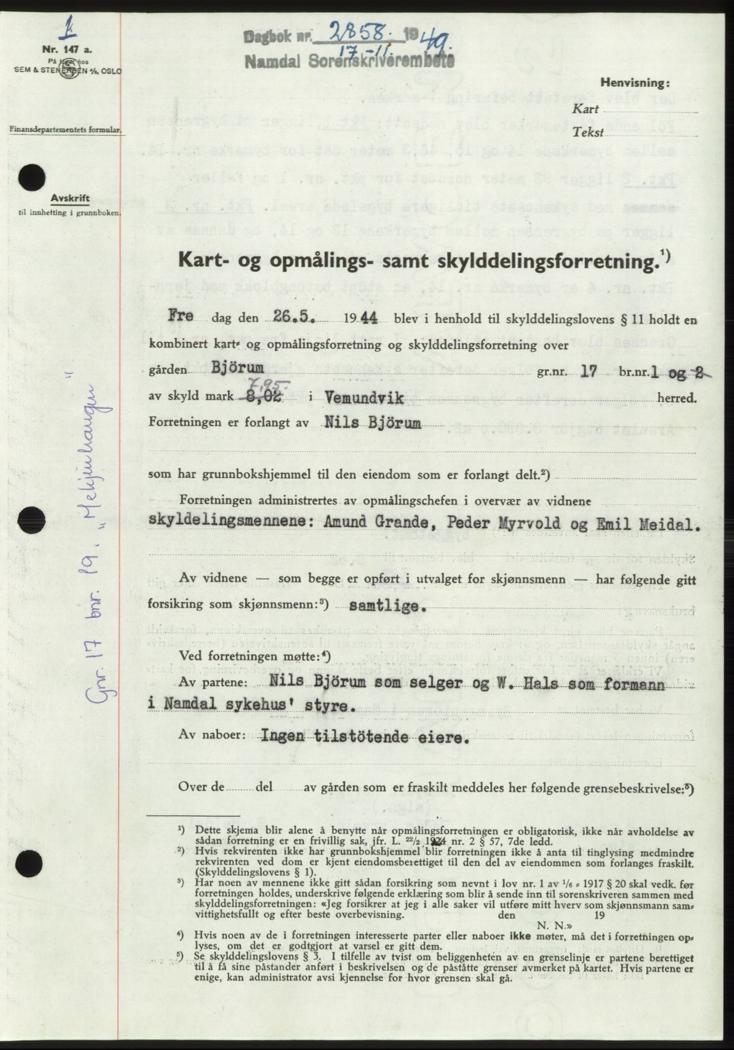 Namdal sorenskriveri, SAT/A-4133/1/2/2C: Pantebok nr. -, 1949-1949, Dagboknr: 2858/1949