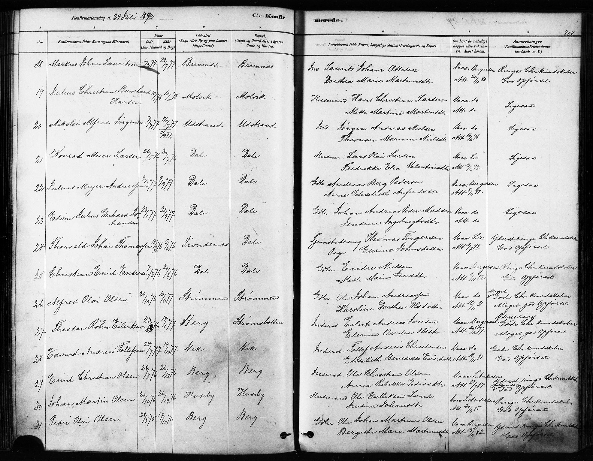 Kvæfjord sokneprestkontor, AV/SATØ-S-1323/G/Ga/Gaa/L0005kirke: Ministerialbok nr. 5, 1878-1894, s. 207