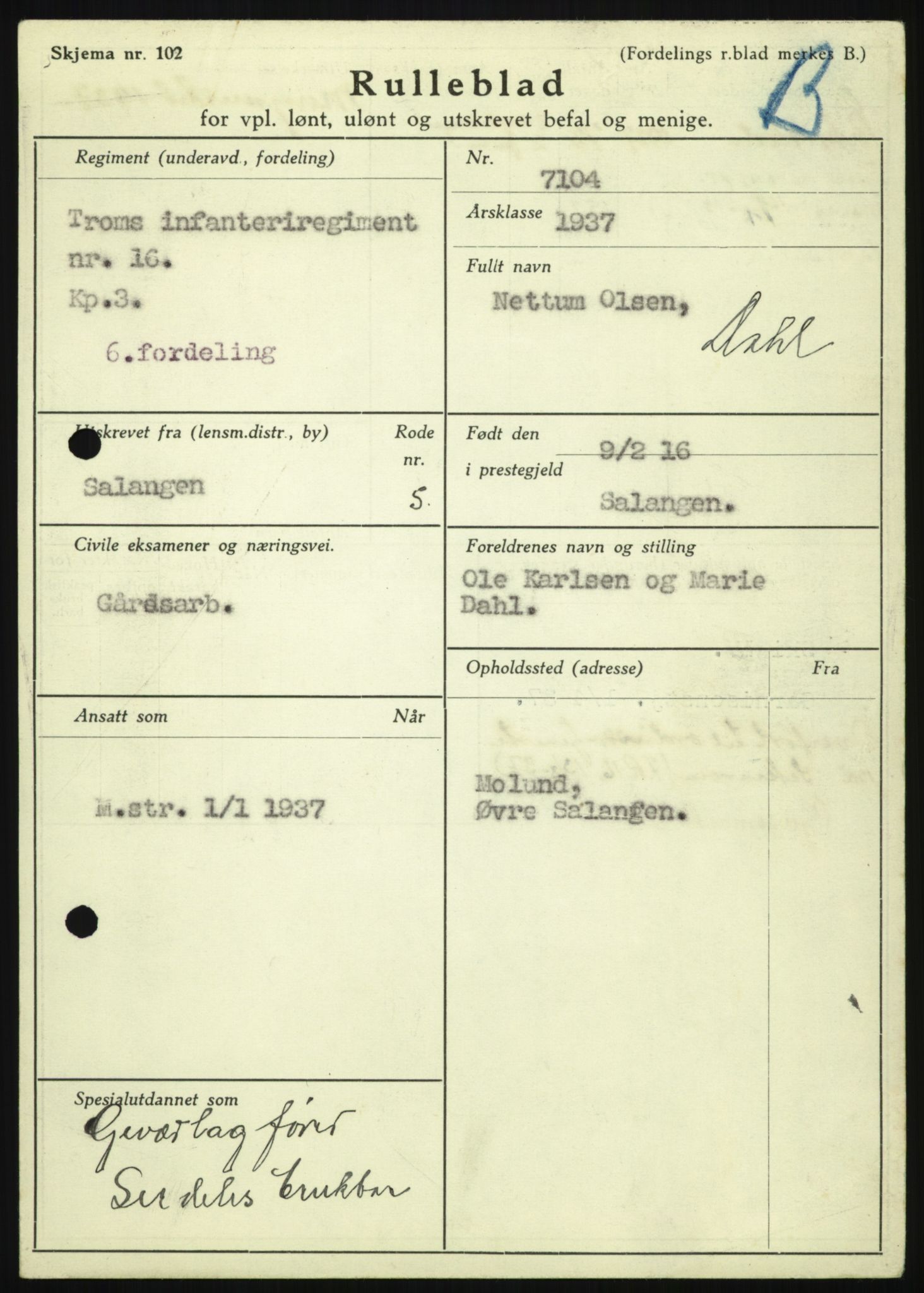 Forsvaret, Troms infanteriregiment nr. 16, AV/RA-RAFA-3146/P/Pa/L0021: Rulleblad for regimentets menige mannskaper, årsklasse 1937, 1937, s. 117