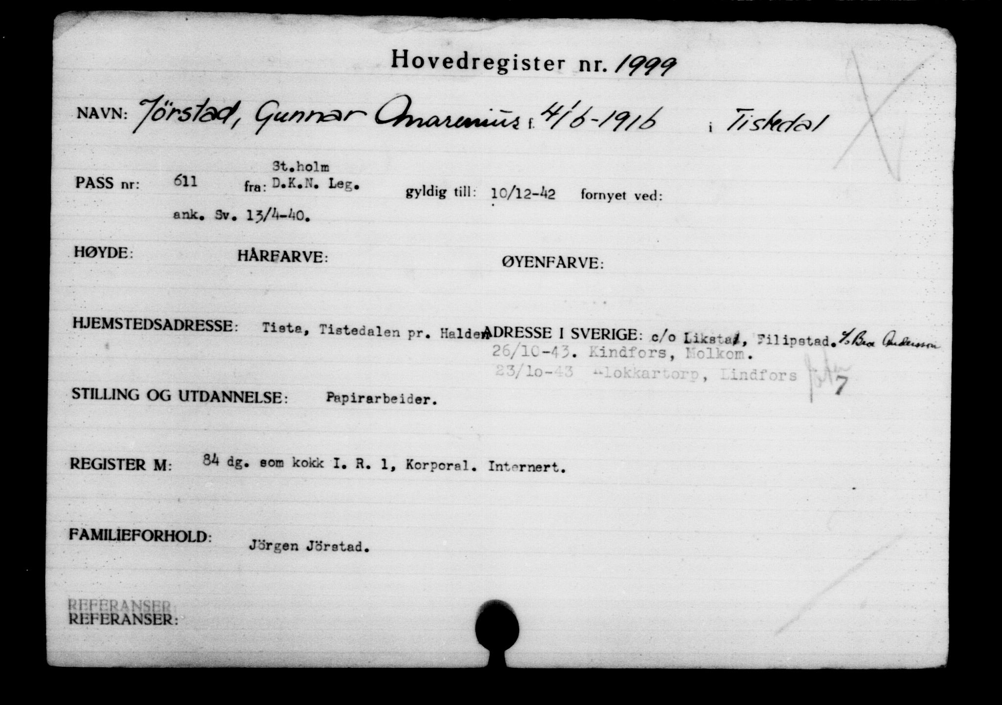 Utenriksstasjonene, Legasjonen i Stockholm, Flyktningkontoret, AV/RA-S-6753/V/Va/L0002: Kjesäterkartoteket, flyktninger med registreringsnr. 1001-2000, 1940-1945, s. 1421