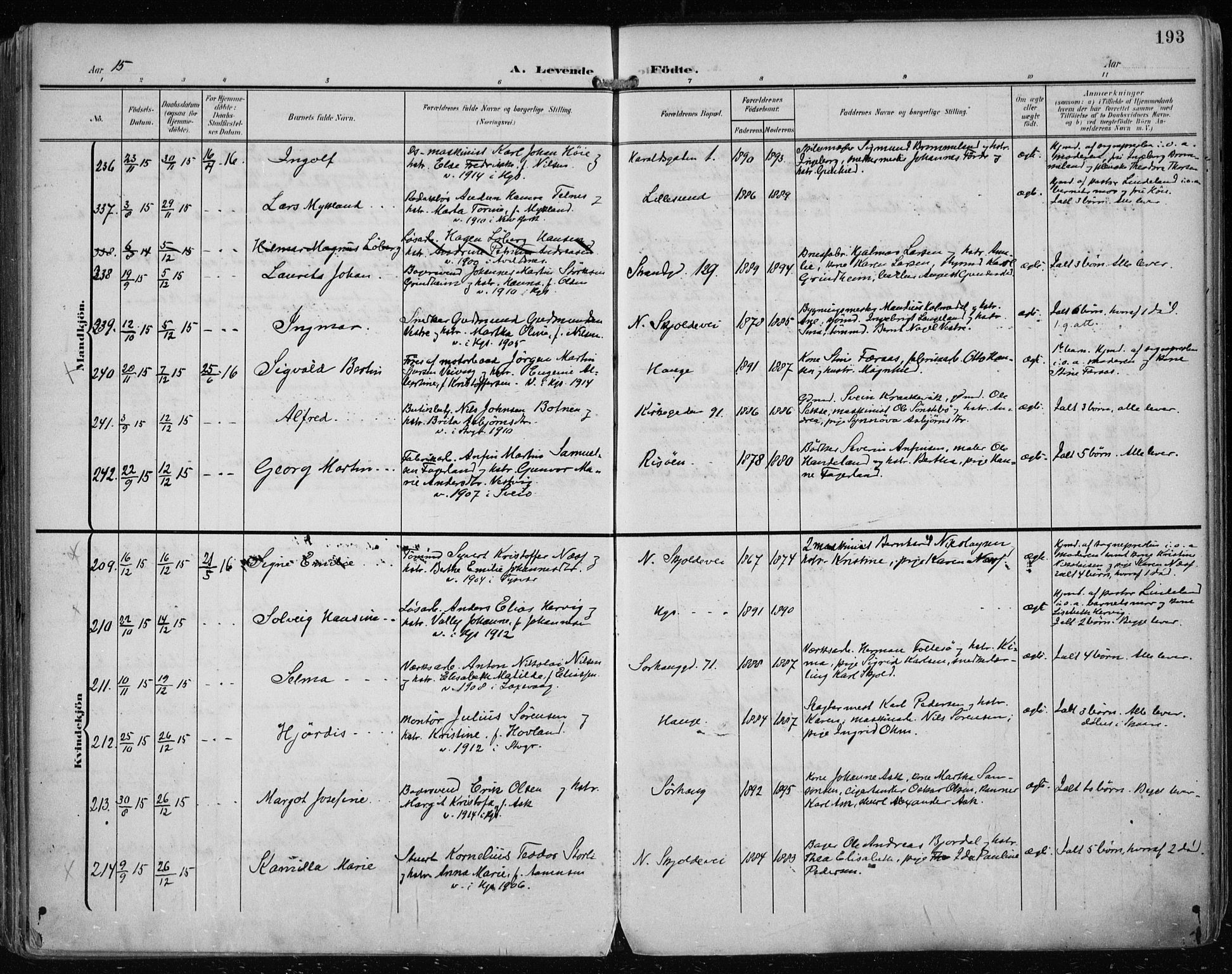 Haugesund sokneprestkontor, AV/SAST-A -101863/H/Ha/Haa/L0008: Ministerialbok nr. A 8, 1908-1921, s. 193