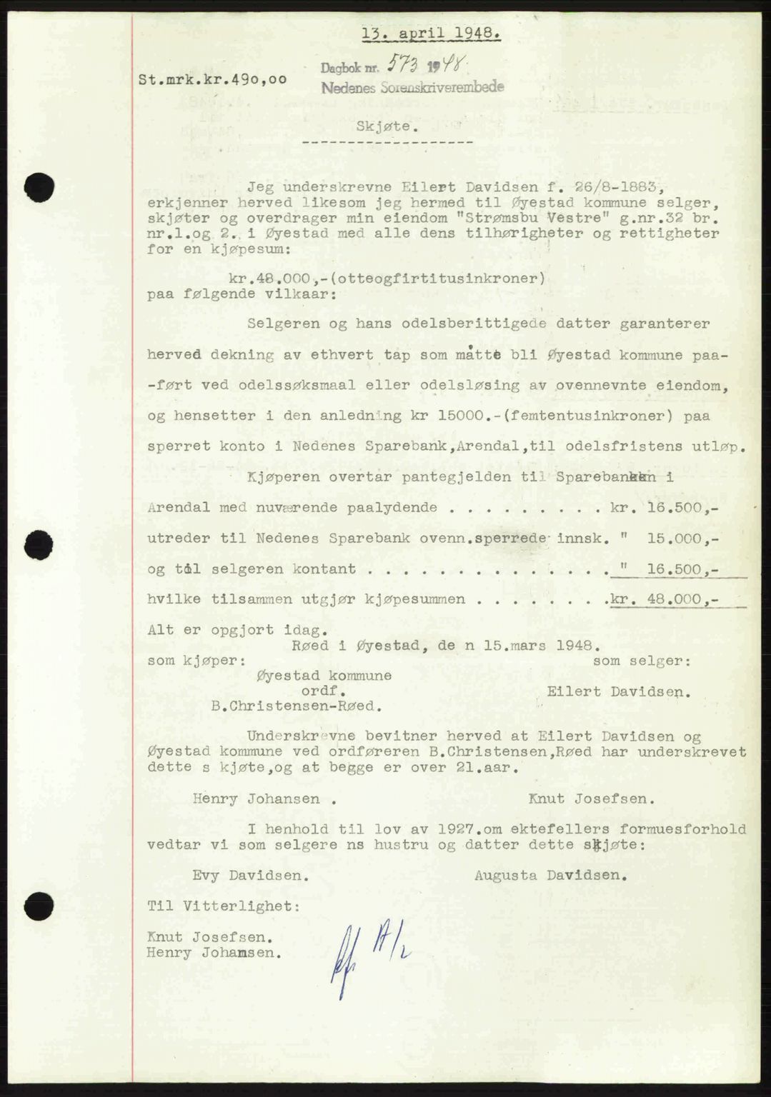 Nedenes sorenskriveri, SAK/1221-0006/G/Gb/Gba/L0059: Pantebok nr. A11, 1948-1948, Dagboknr: 573/1948
