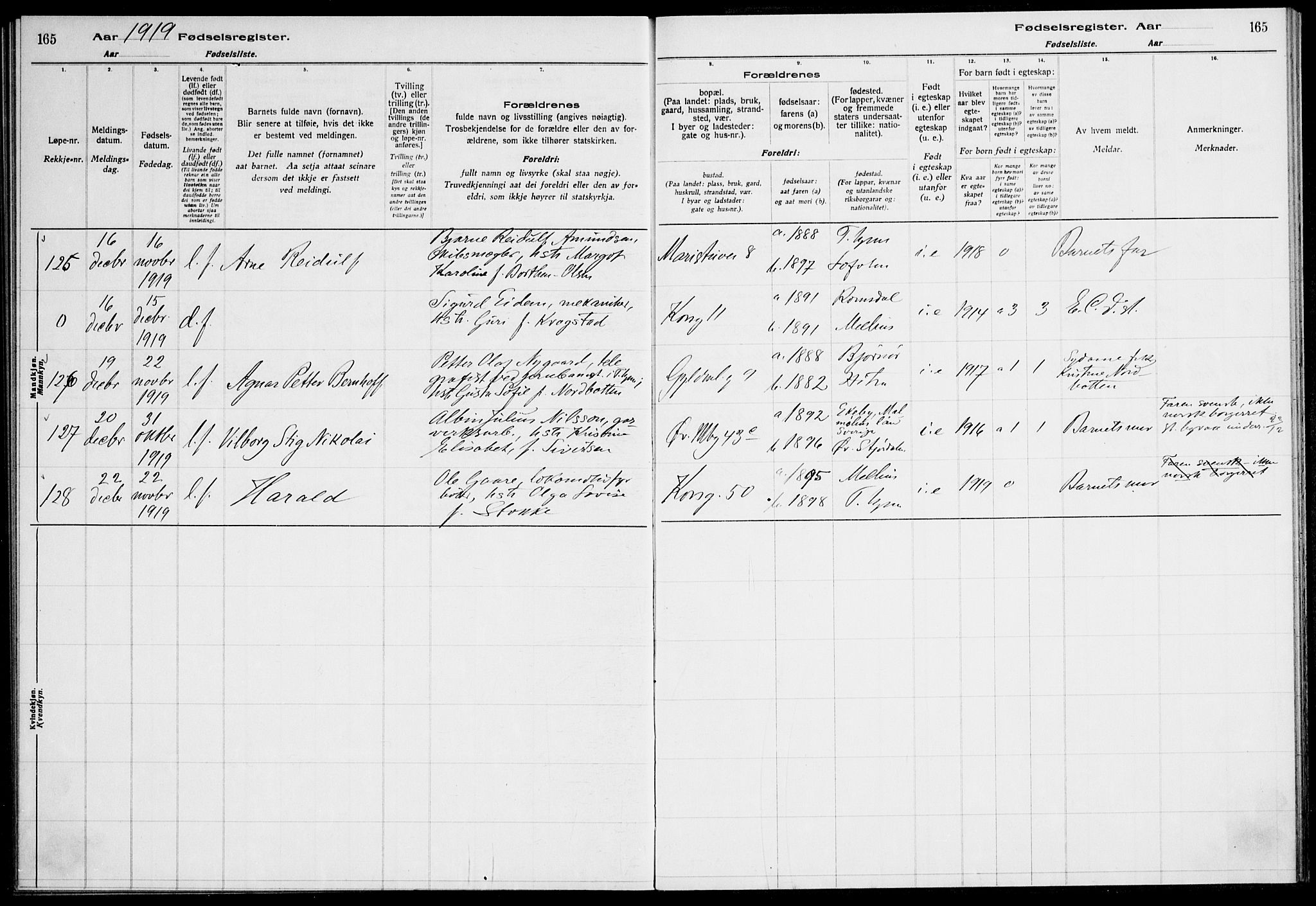 Ministerialprotokoller, klokkerbøker og fødselsregistre - Sør-Trøndelag, SAT/A-1456/604/L0232: Fødselsregister nr. 604.II.4.1, 1916-1920, s. 165