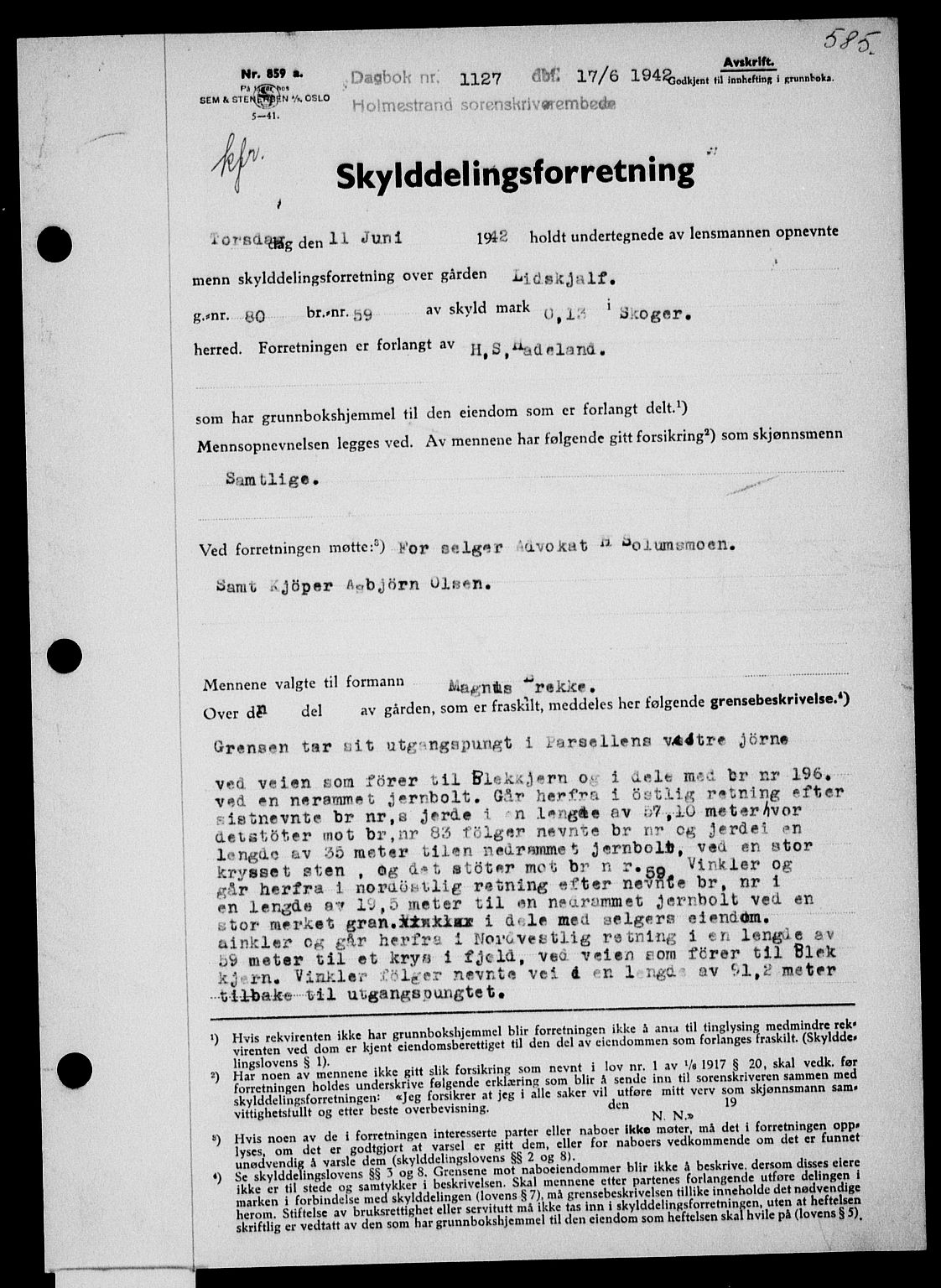 Holmestrand sorenskriveri, SAKO/A-67/G/Ga/Gaa/L0055: Pantebok nr. A-55, 1942-1942, Dagboknr: 1127/1942