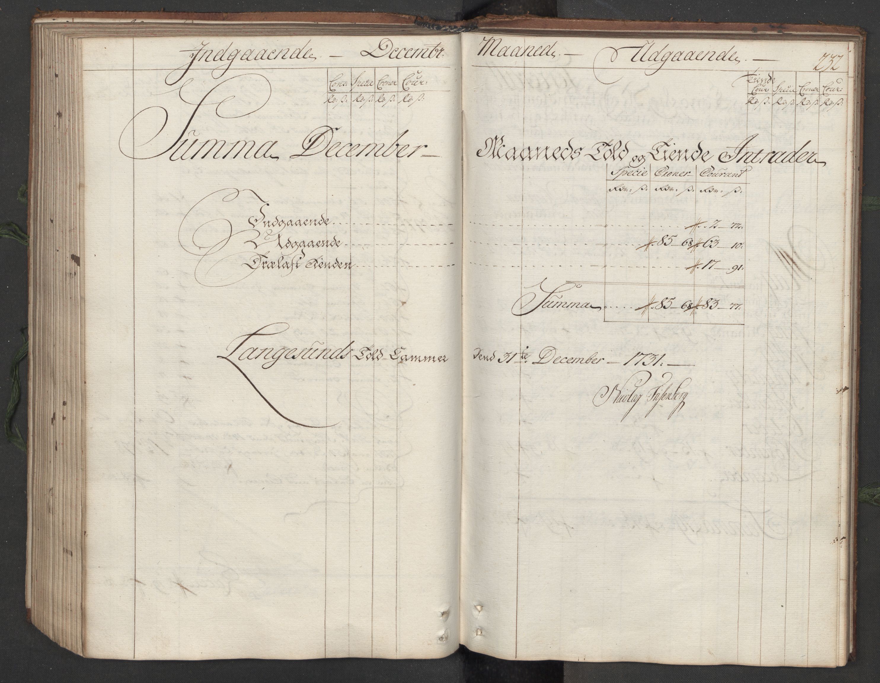 Generaltollkammeret, tollregnskaper, RA/EA-5490/R12/L0007/0001: Tollregnskaper Langesund / Hovedtollbok, 1731, s. 231b-232a