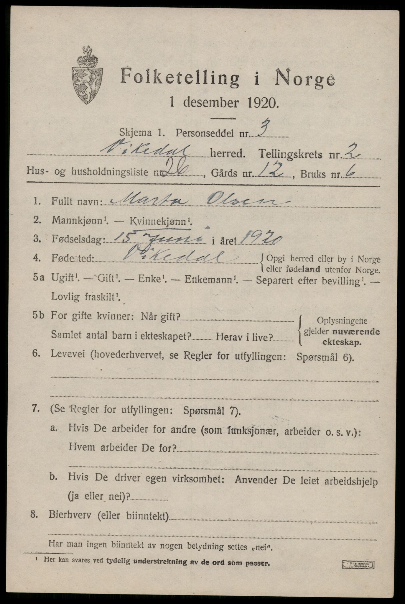 SAST, Folketelling 1920 for 1157 Vikedal herred, 1920, s. 1619