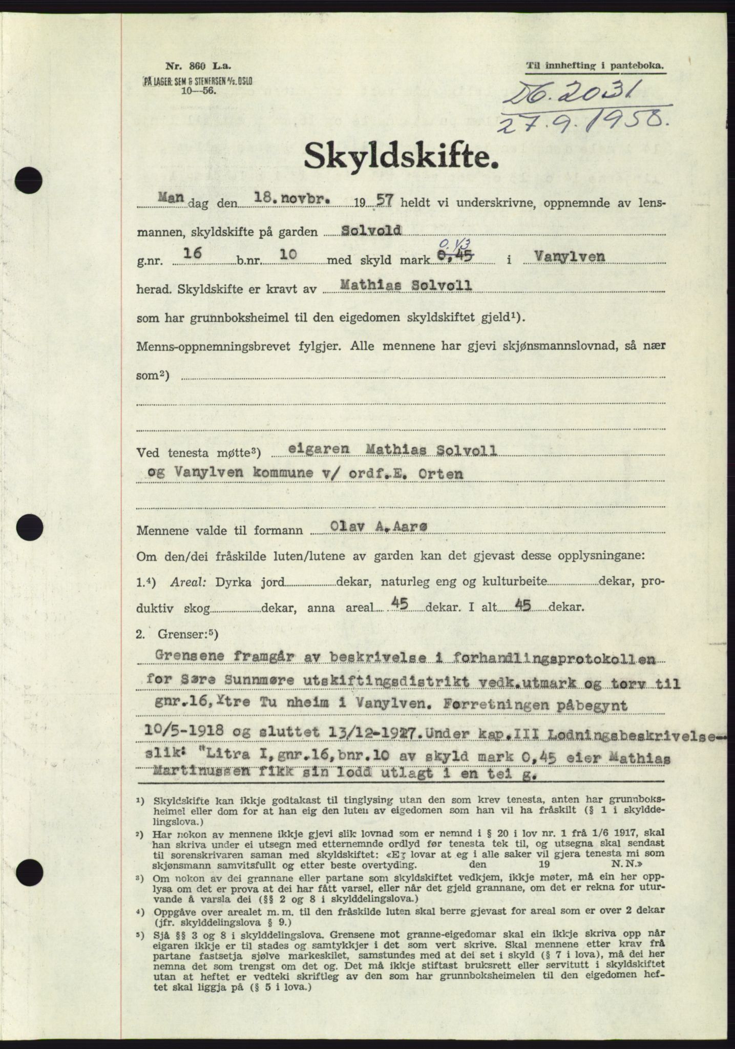 Søre Sunnmøre sorenskriveri, AV/SAT-A-4122/1/2/2C/L0110: Pantebok nr. 36A, 1958-1958, Dagboknr: 2031/1958