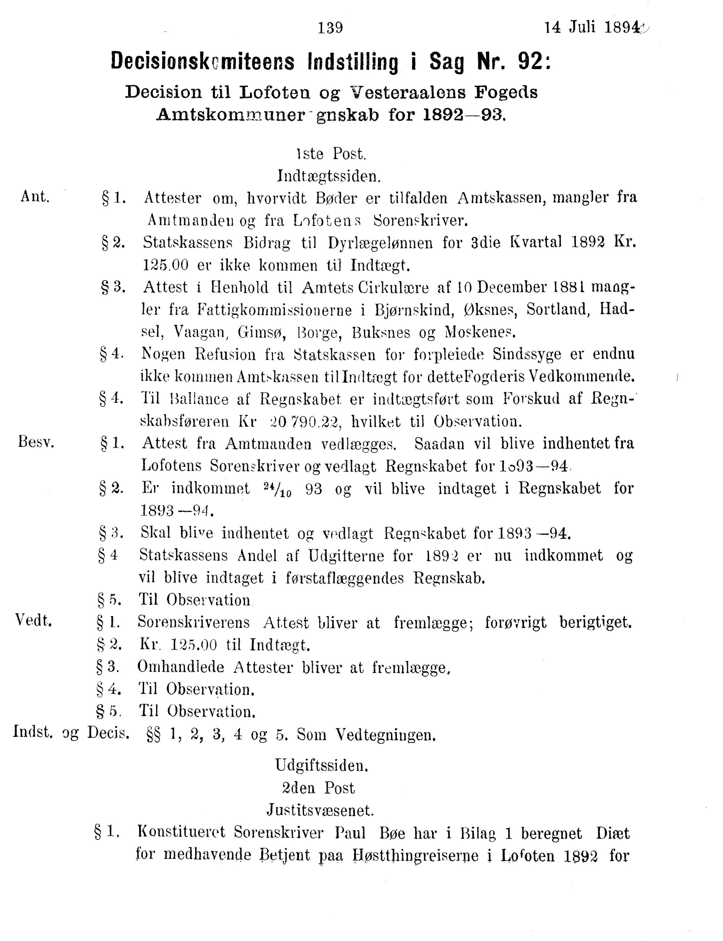 Nordland Fylkeskommune. Fylkestinget, AIN/NFK-17/176/A/Ac/L0017: Fylkestingsforhandlinger 1894, 1894